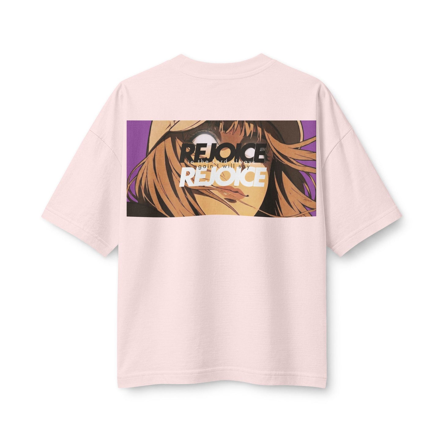 "Rejoice" Women's Heavyweight Christian T-Shirt | Philippians 4:4 | Anime Girl Graphic | Japanese Joy Kanji | Bold Faith Streetwear for Women