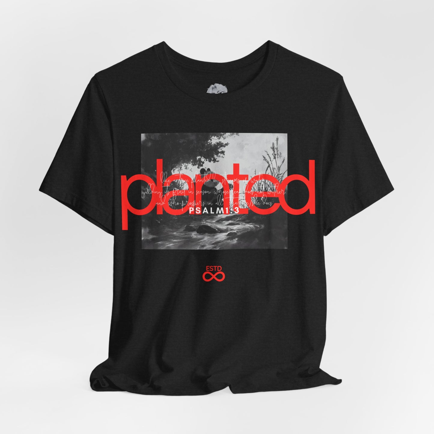 "Planted" Christian Unisex T-Shirt | Psalm 1:3 | Panda by the Stream Graphic | Faith-Based Scripture Apparel
