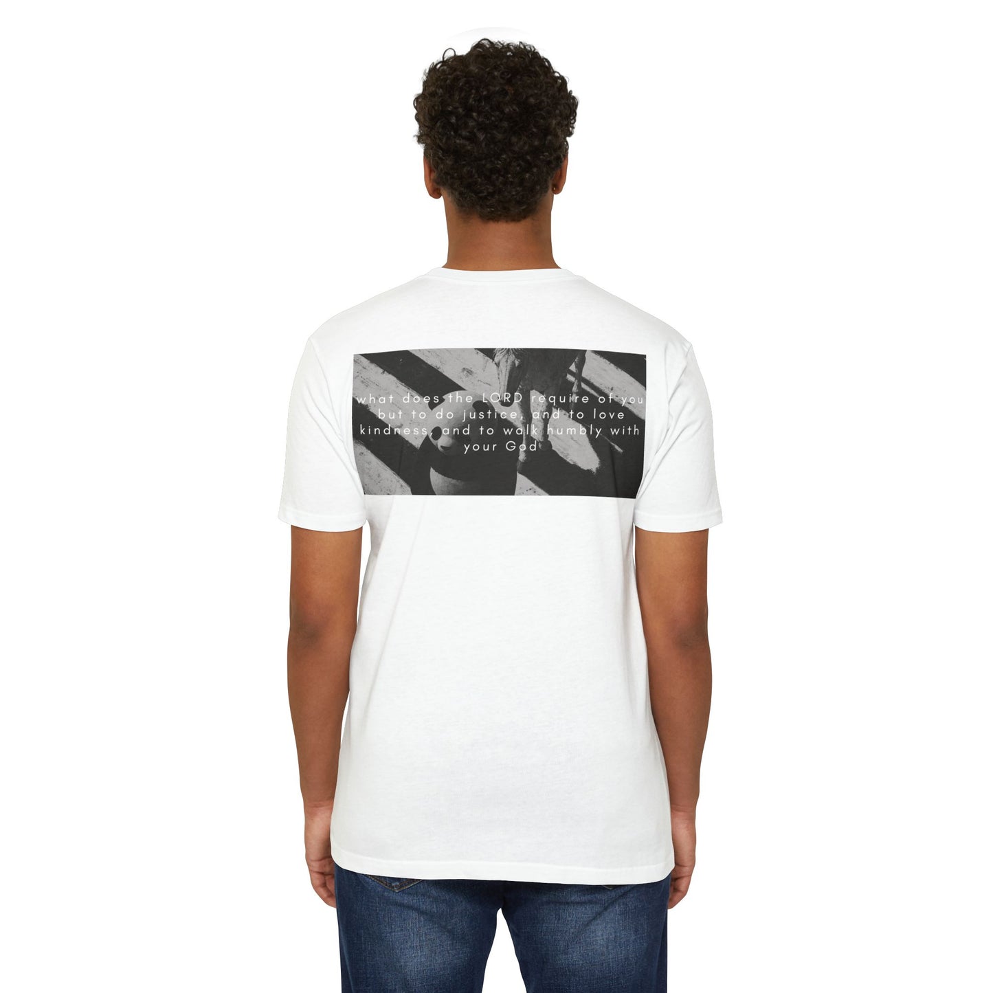 "Micah 6:8" Christian Unisex CVC Jersey T-Shirt | Do Justice Love Kindness Walk Humbly | Panda & Horse Graphic | Faith Streetwear