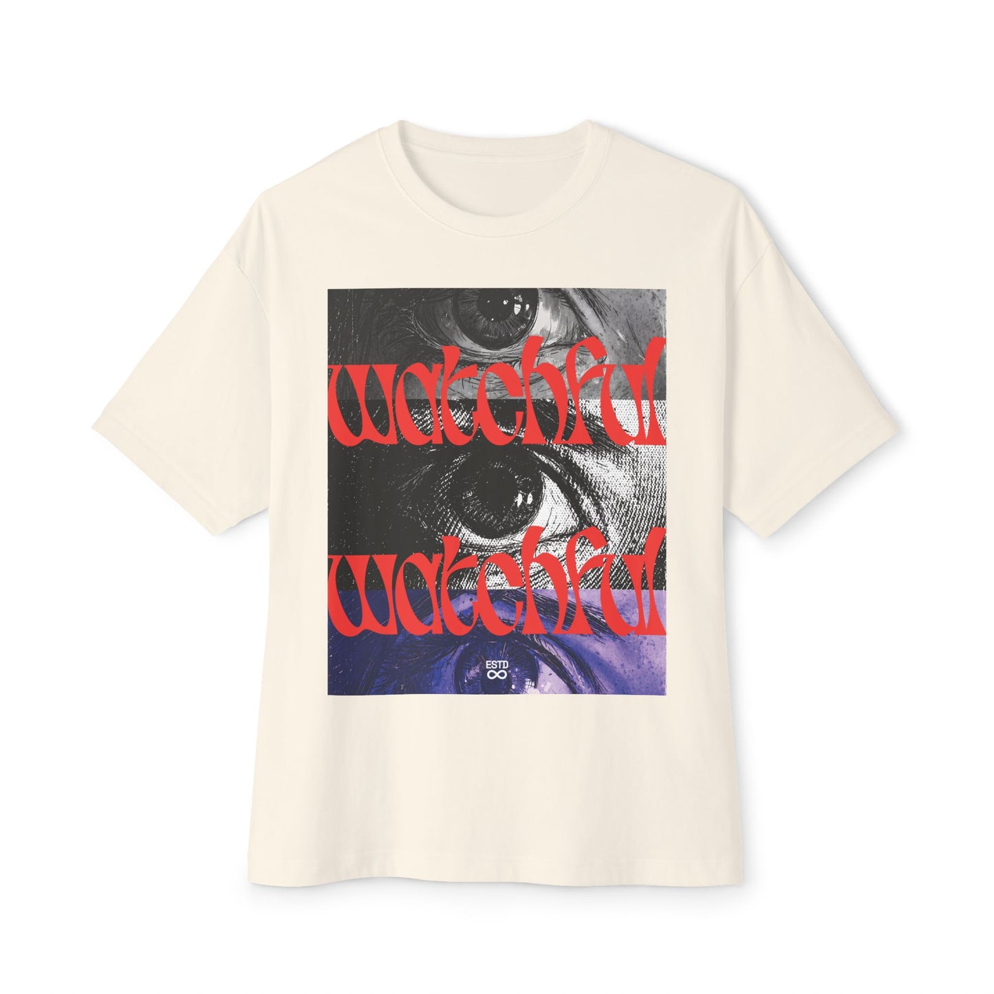 "Watchful" Christian Oversized Boxy T-Shirt | Matthew 24:42 | Bold Eye Graphic | Panda Art | Unisex Faith Streetwear