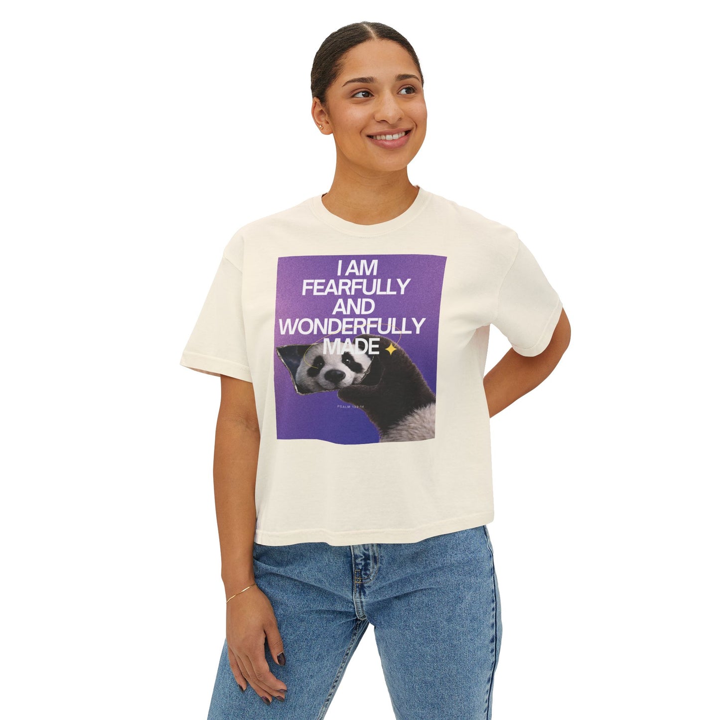Fearfully & Wonderfully Made" Women's Christian Crop Tee | Psalm 139:14 | Panda Graphic Faith Apparel | Boxy Christian T-Shirt