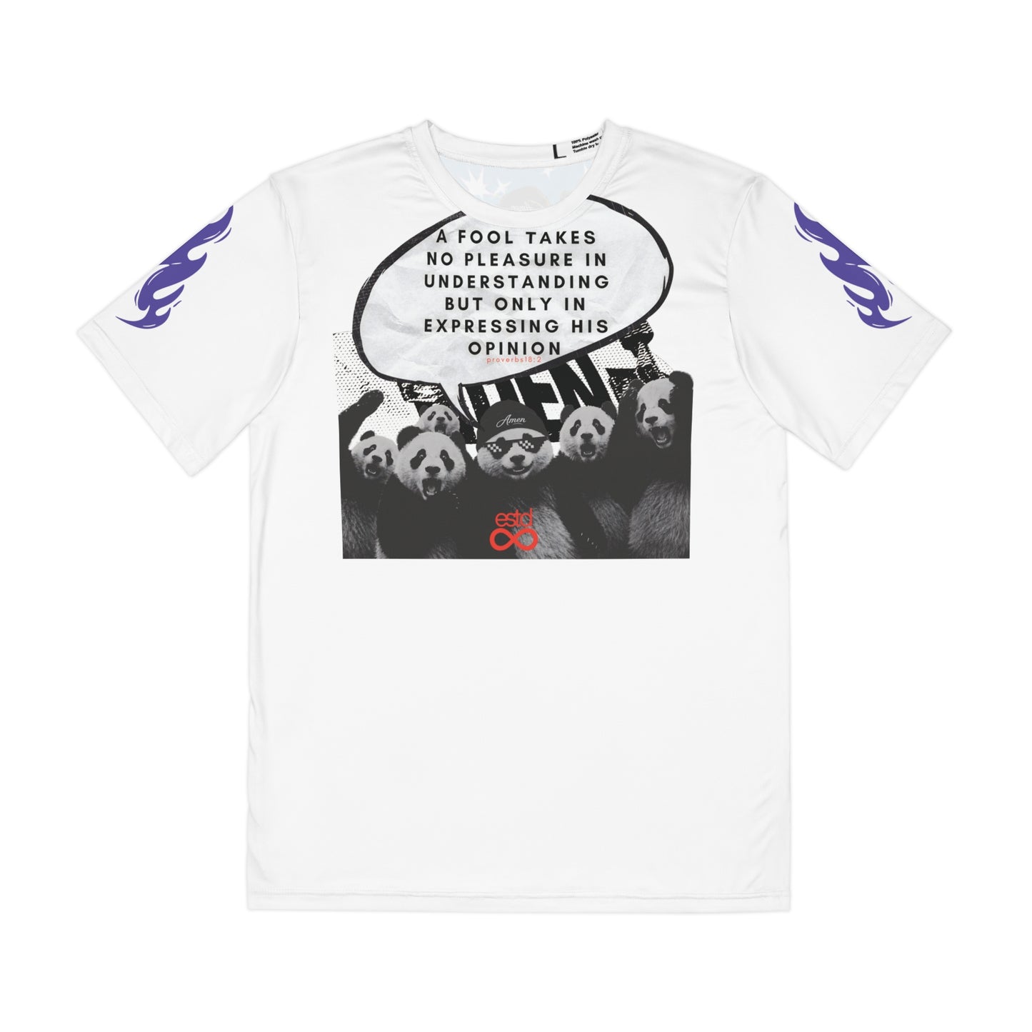 "Understanding" Christian Men's All-Over Print Polyester T-Shirt | Proverbs 18:2 | Panda Crowd Graphic | A Fool Takes No Pleasure in Understanding | Bold Wisdom Streetwear