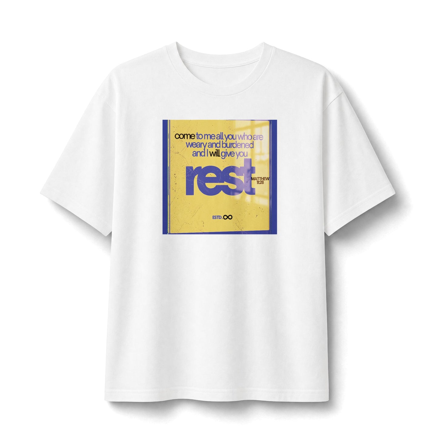 "Rest" Christian Unisex Heavyweight T-Shirt | Matthew 11:28 | Come to Me All Who Are Weary | Bold Invitation Faith Streetwear | Panda Grace Collective