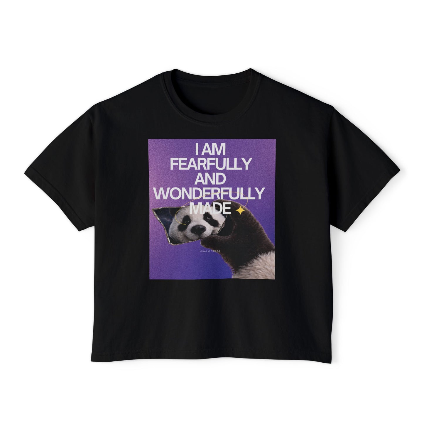 Fearfully & Wonderfully Made" Women's Christian Crop Tee | Psalm 139:14 | Panda Graphic Faith Apparel | Boxy Christian T-Shirt
