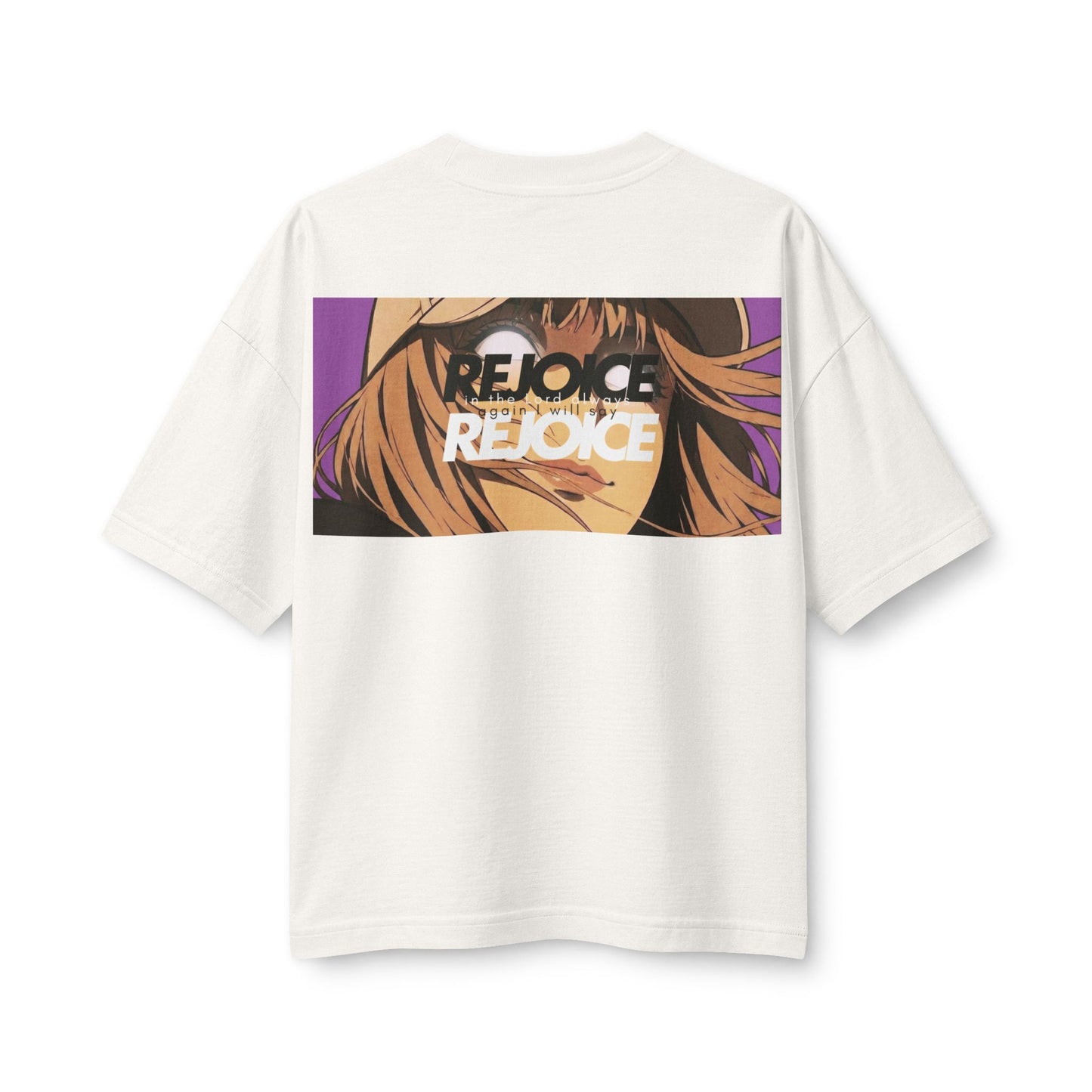 "Rejoice" Women's Heavyweight Christian T-Shirt | Philippians 4:4 | Anime Girl Graphic | Japanese Joy Kanji | Bold Faith Streetwear for Women