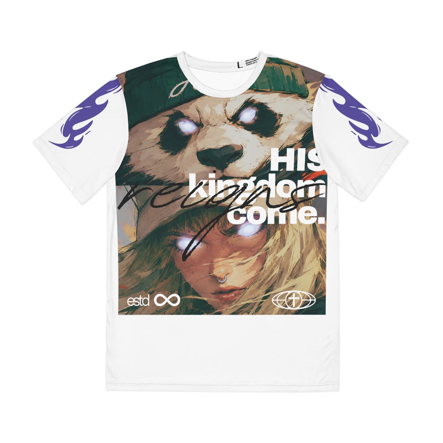 "His Kingdom Come" Christian Men's All-Over Print Polyester T-Shirt | Matthew 6:10 | John 19:30 | Panda Anime Graphic | Jesus Crushes the Serpent | Christian Streetwear
