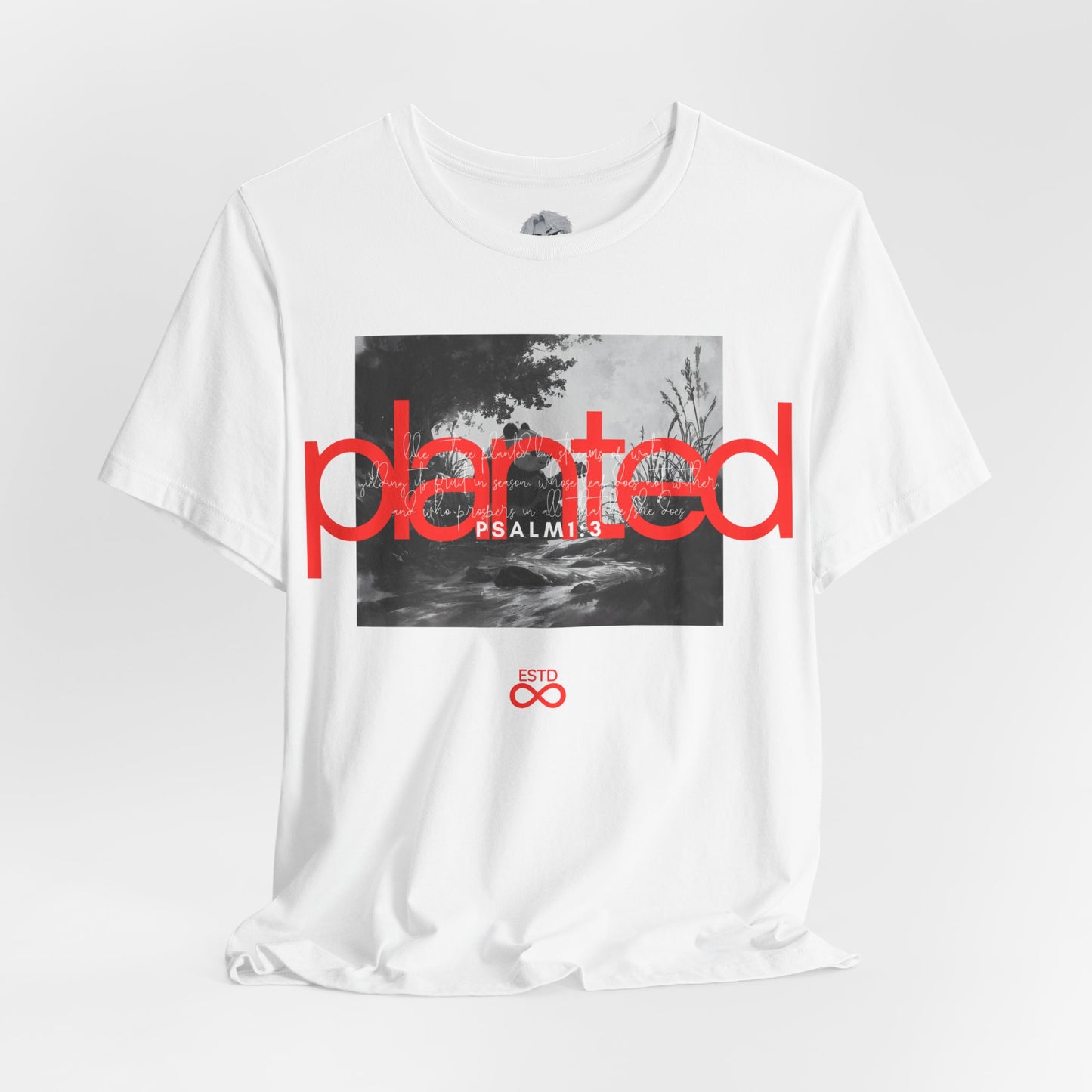 "Planted" Christian Unisex T-Shirt | Psalm 1:3 | Panda by the Stream Graphic | Faith-Based Scripture Apparel