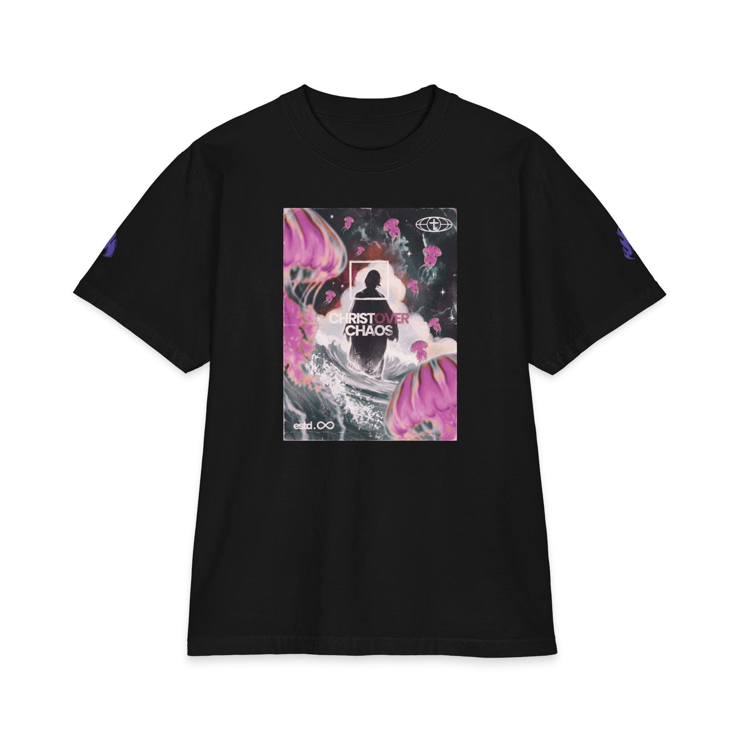 "Christ Over Chaos" Christian Unisex Max Heavyweight T-Shirt | Mark 4:39 | Jesus Walking on Water Graphic | Peace Be Still | Bold Faith Streetwear