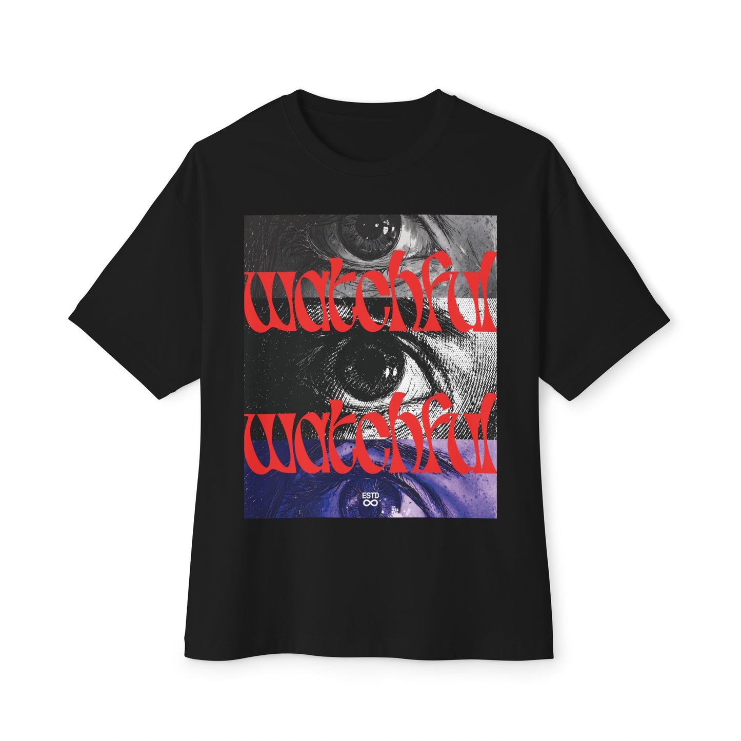 "Watchful" Christian Oversized Boxy T-Shirt | Matthew 24:42 | Bold Eye Graphic | Panda Art | Unisex Faith Streetwear