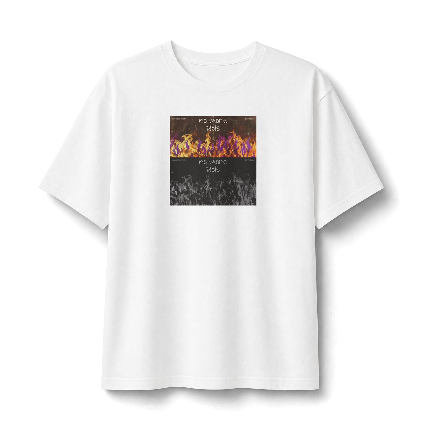 "No More Idols" Christian Unisex Heavyweight T-Shirt | Joshua 24:15 | Flame Graphic | Consecration & Devotion | Bold Christian Streetwear