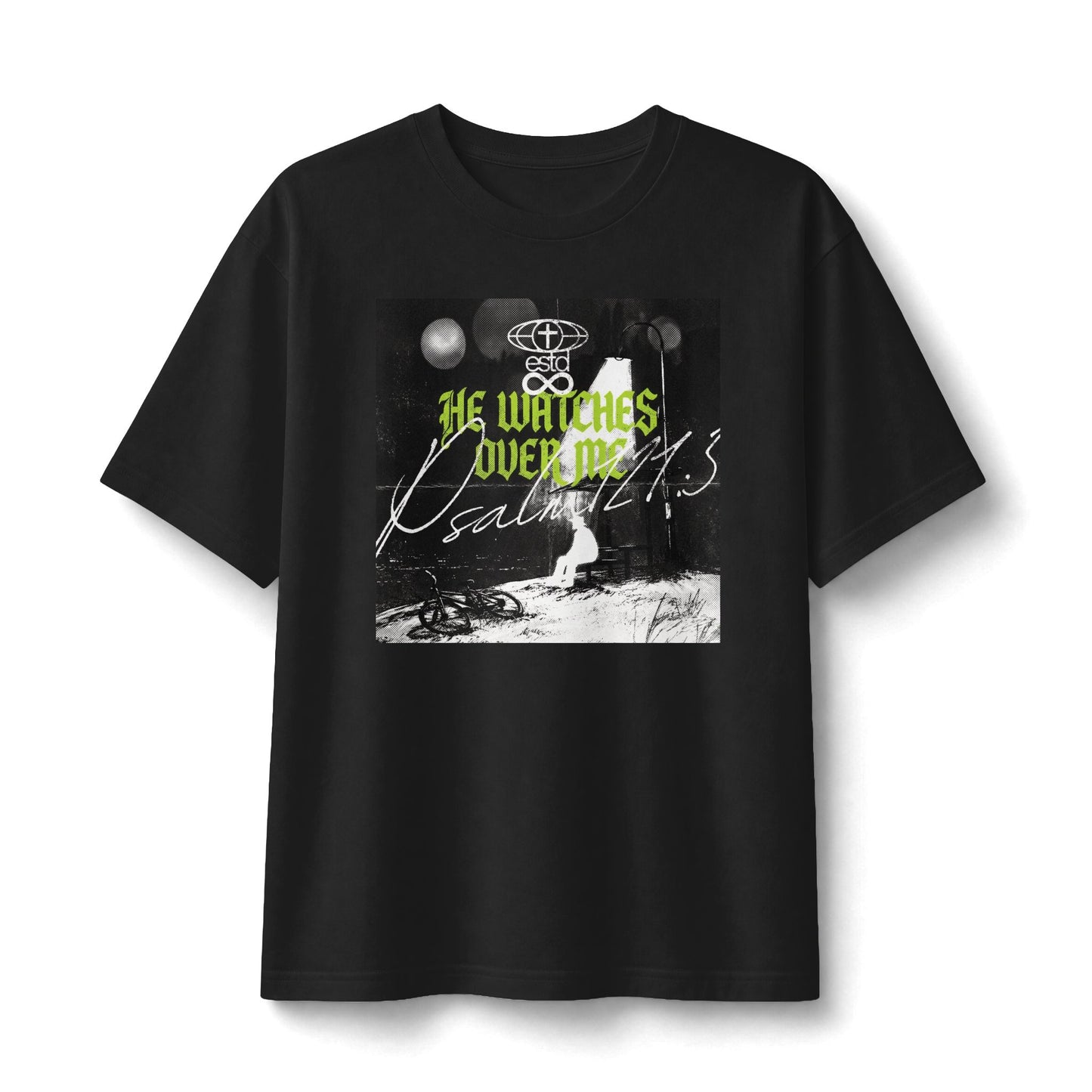 "He Watches Over Me" Christian Unisex Heavyweight T-Shirt | Psalm 121:3 | Night Street Lamp Graphic | He Who Keeps You Will Not Slumber | Bold Faith Streetwear