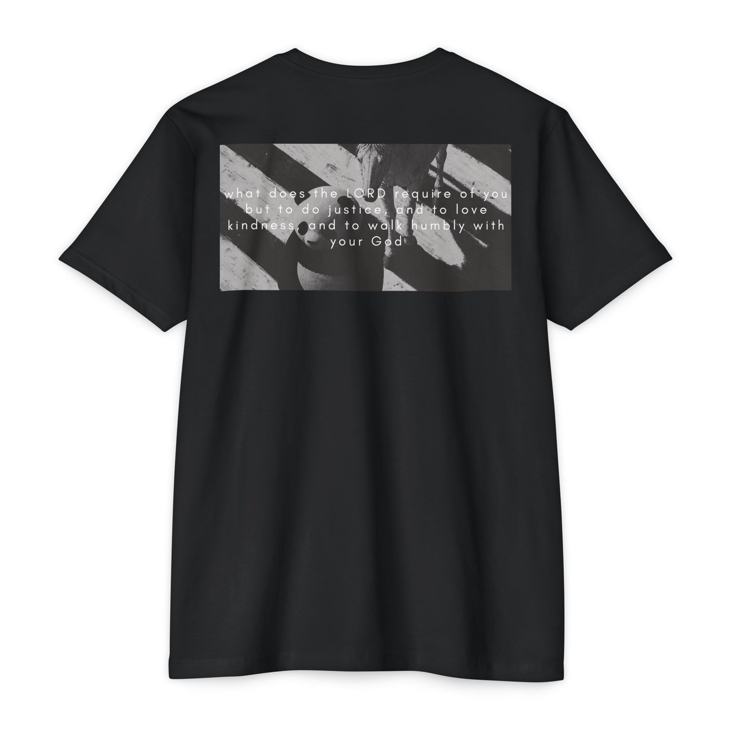 "Micah 6:8" Christian Unisex CVC Jersey T-Shirt | Do Justice Love Kindness Walk Humbly | Panda & Horse Graphic | Faith Streetwear