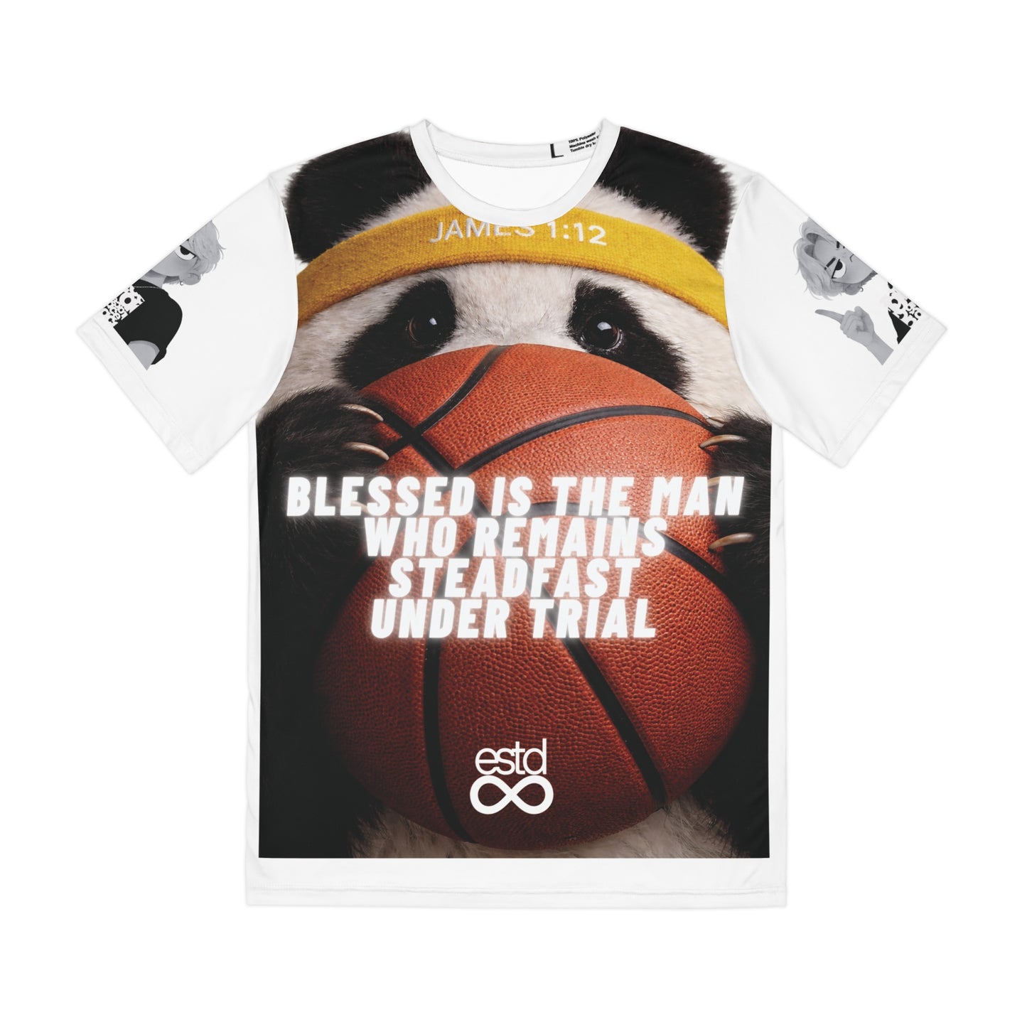 "Steadfast" Men's All-Over Print Polyester Christian T-Shirt | James 1:12 | Panda Basketball Graphic | Blessed Under Trial | Christian Streetwear