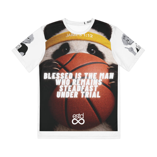 "Steadfast" Men's All-Over Print Polyester Christian T-Shirt | James 1:12 | Panda Basketball Graphic | Blessed Under Trial | Christian Streetwear