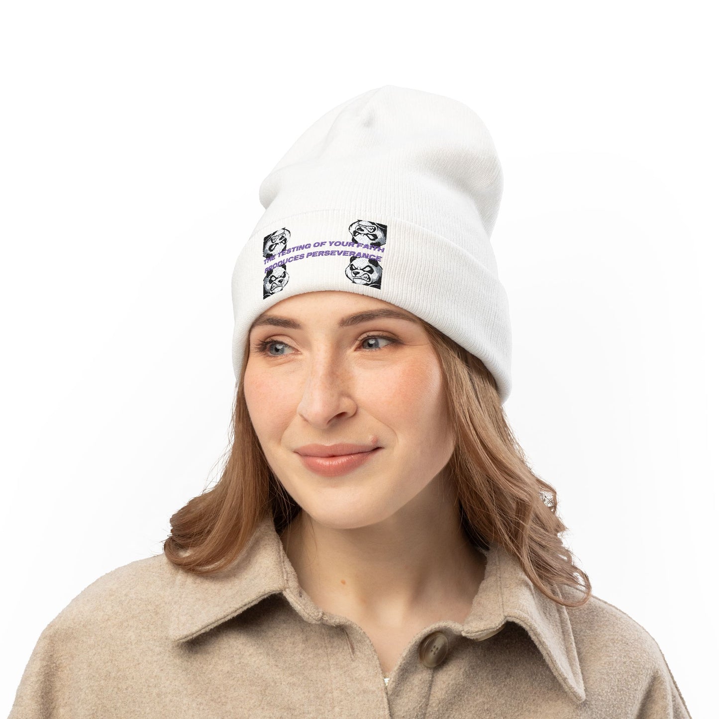 "Perseverance" Christian Unisex Knit Beanie | James 1:3 | Embroidered Fierce Panda | Testing of Your Faith | Christian Streetwear Accessory