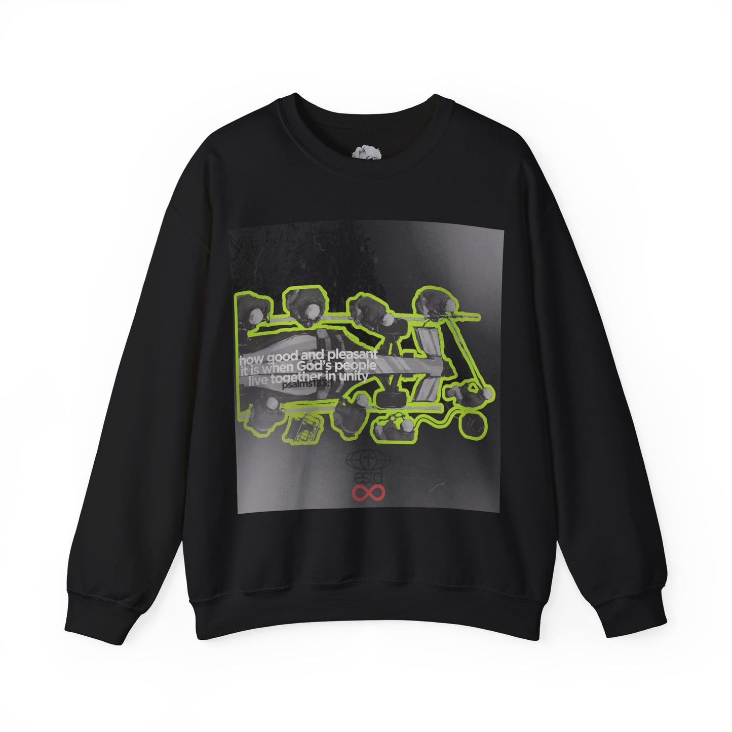 "Unity" Christian Unisex Heavyweight Sweatshirt | Psalm 133:1 | F1 Pit Crew Graphic | Living Together in Harmony | Faith Streetwear
