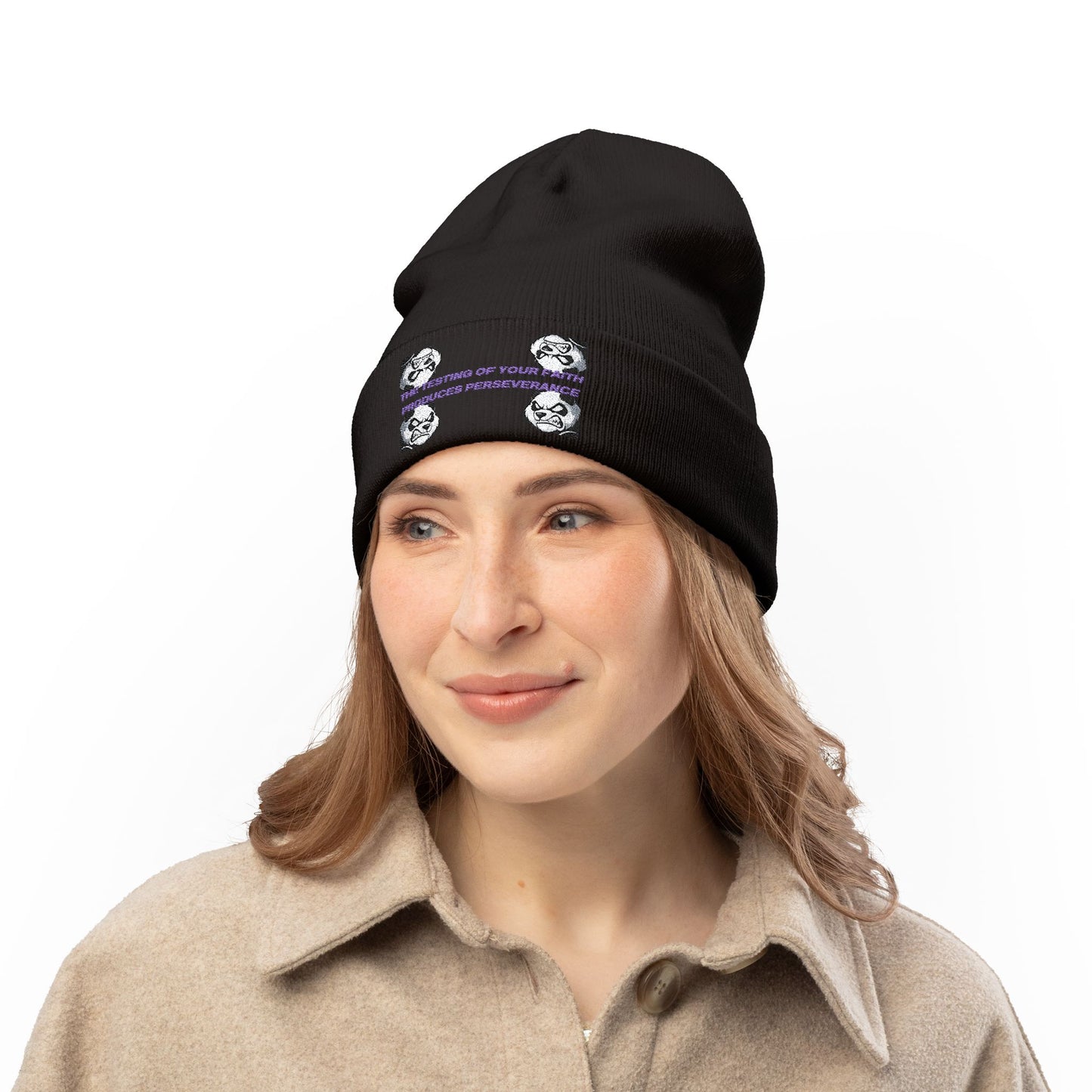 "Perseverance" Christian Unisex Knit Beanie | James 1:3 | Embroidered Fierce Panda | Testing of Your Faith | Christian Streetwear Accessory