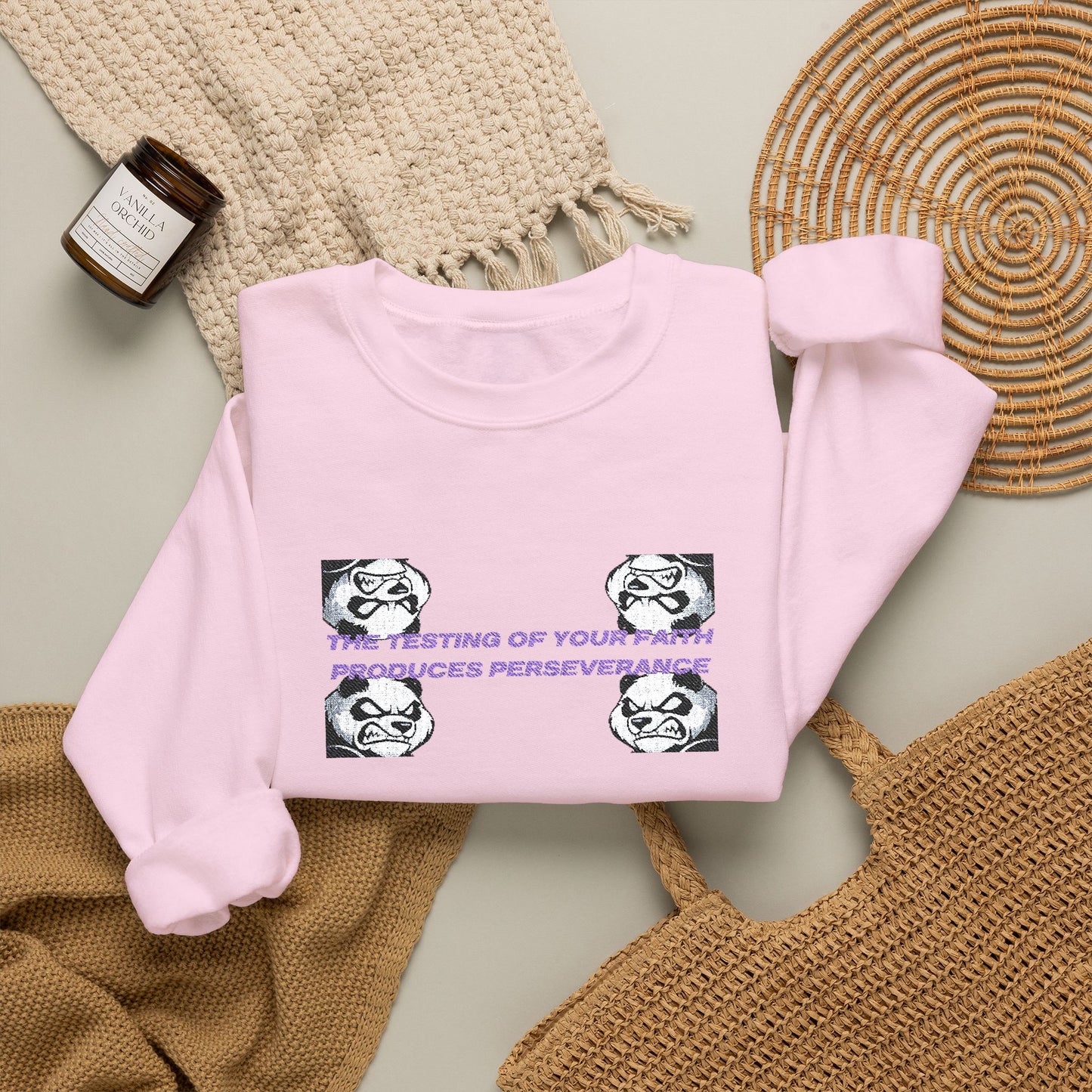 "Perseverance" Christian Unisex Heavy Blend Crewneck Sweatshirt | James 1:3 | Fierce Panda Graphic | Testing of Your Faith | Christian Streetwear