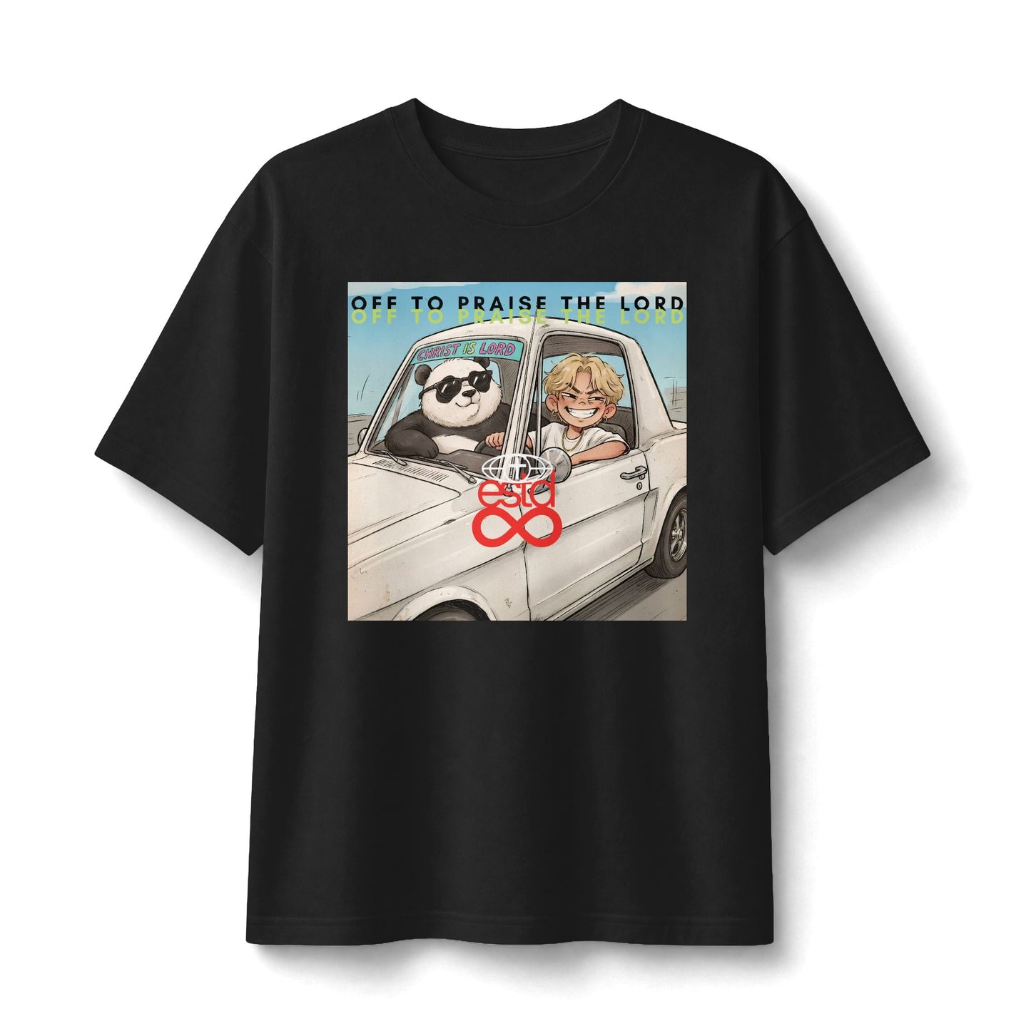 "Off to Praise the Lord" Christian Unisex Heavyweight T-Shirt | Hebrews 10:25 | Panda & Boy Road Trip Graphic | Not Forsaking the Assembly | Joyful Faith Streetwear