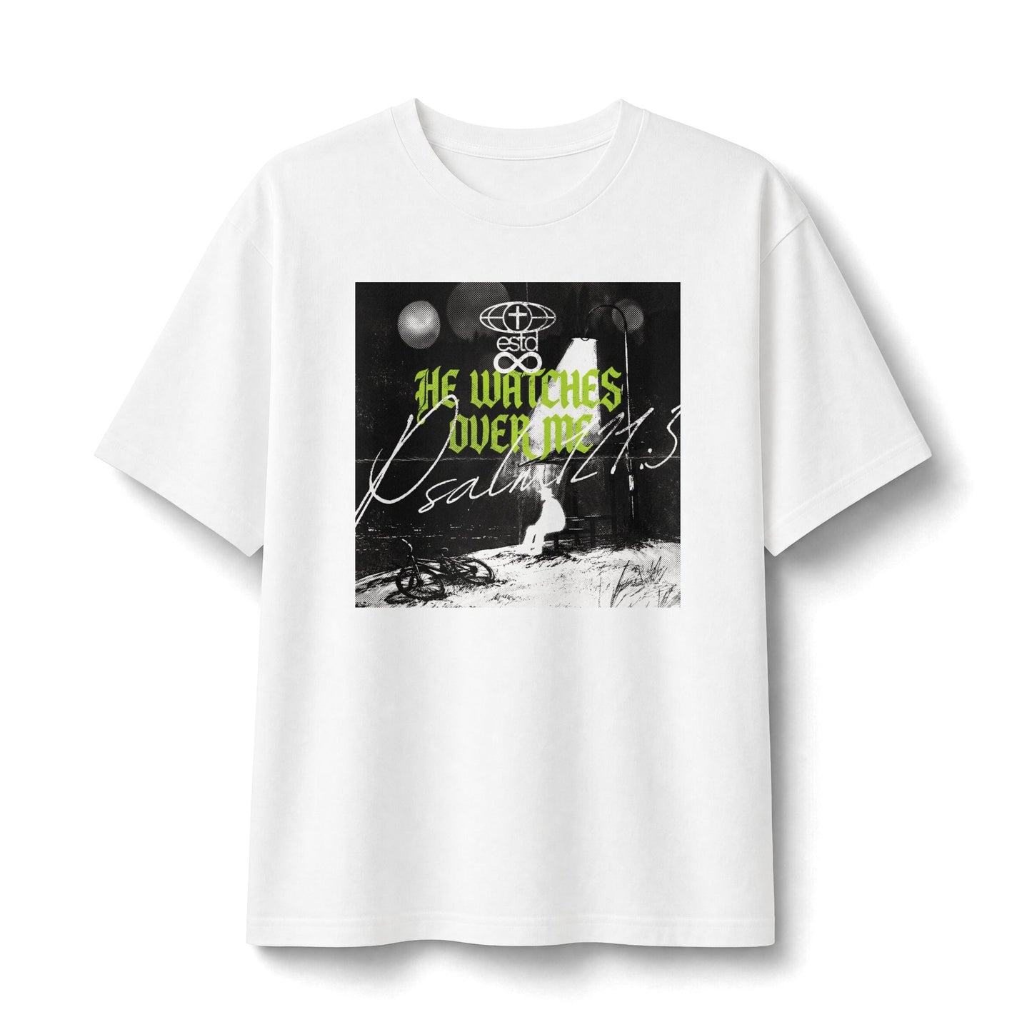 "He Watches Over Me" Christian Unisex Heavyweight T-Shirt | Psalm 121:3 | Night Street Lamp Graphic | He Who Keeps You Will Not Slumber | Bold Faith Streetwear