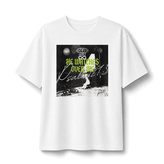"He Watches Over Me" Christian Unisex Heavyweight T-Shirt | Psalm 121:3 | Night Street Lamp Graphic | He Who Keeps You Will Not Slumber | Bold Faith Streetwear