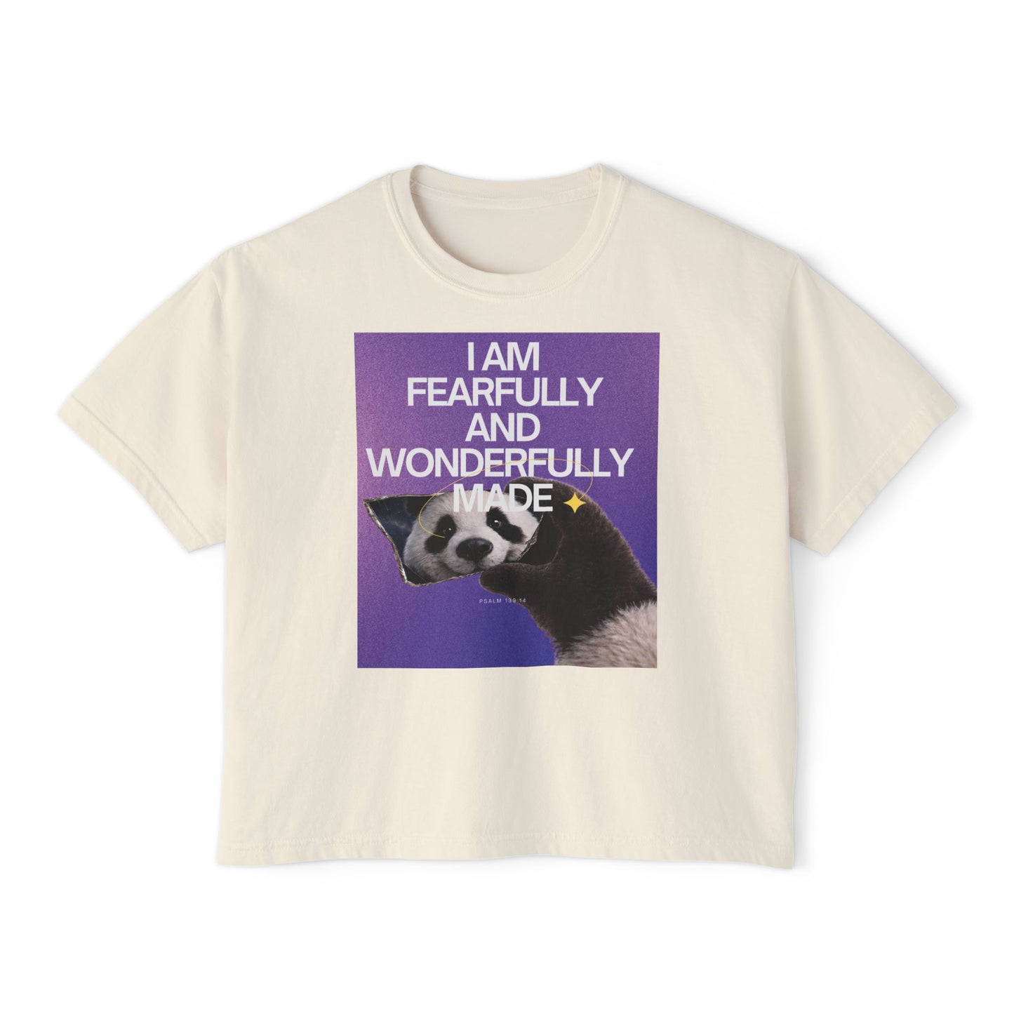 Fearfully & Wonderfully Made" Women's Christian Crop Tee | Psalm 139:14 | Panda Graphic Faith Apparel | Boxy Christian T-Shirt