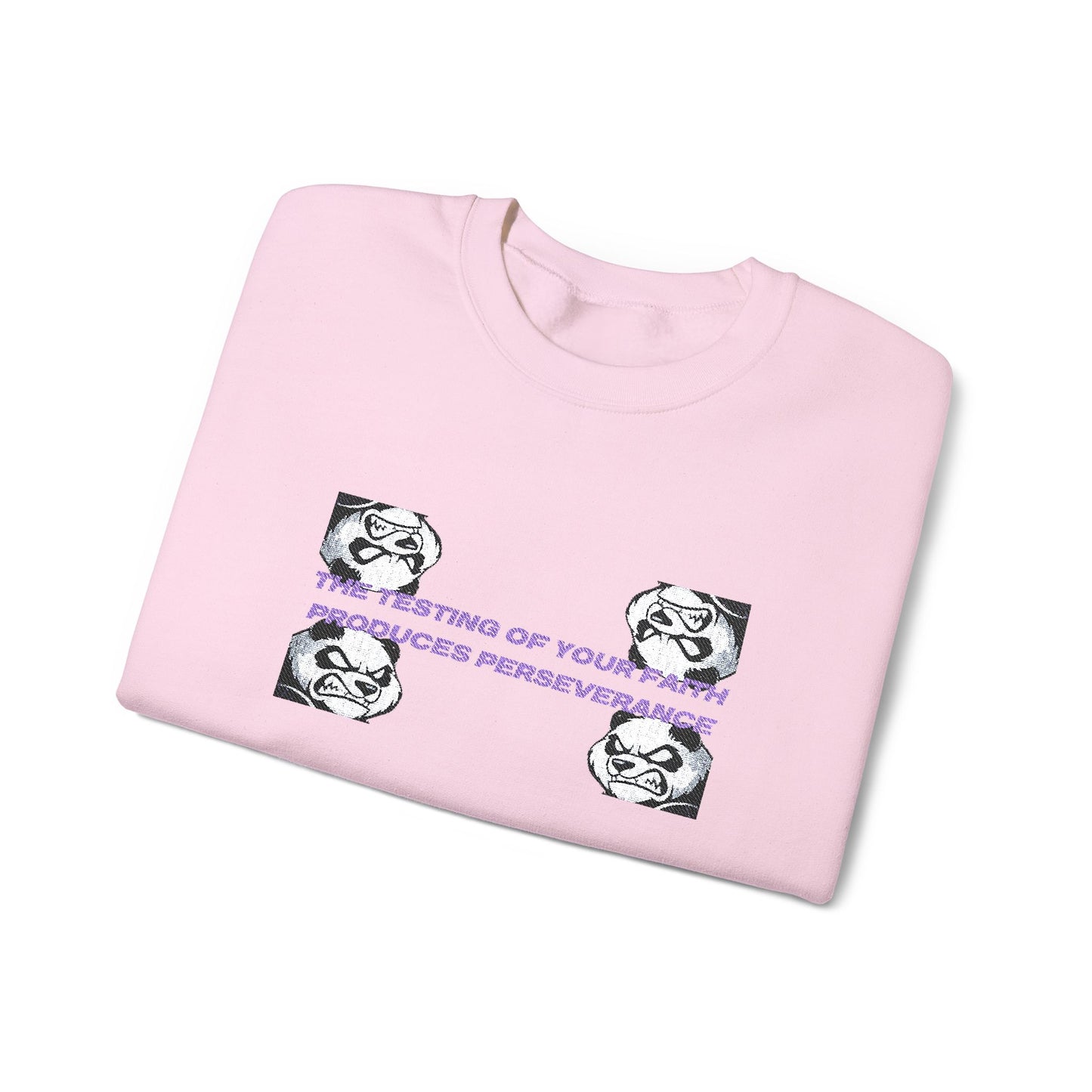 "Perseverance" Christian Unisex Heavy Blend Crewneck Sweatshirt | James 1:3 | Fierce Panda Graphic | Testing of Your Faith | Christian Streetwear