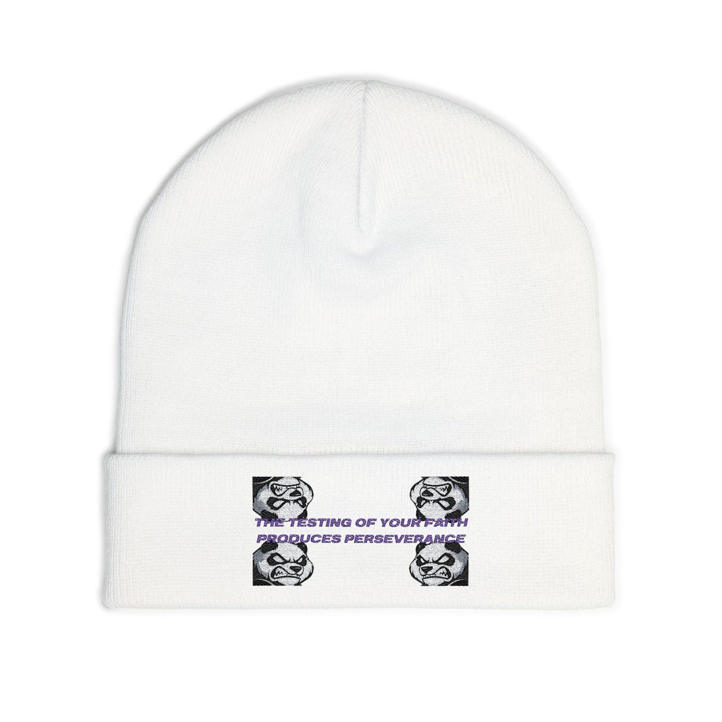 "Perseverance" Christian Unisex Knit Beanie | James 1:3 | Embroidered Fierce Panda | Testing of Your Faith | Christian Streetwear Accessory