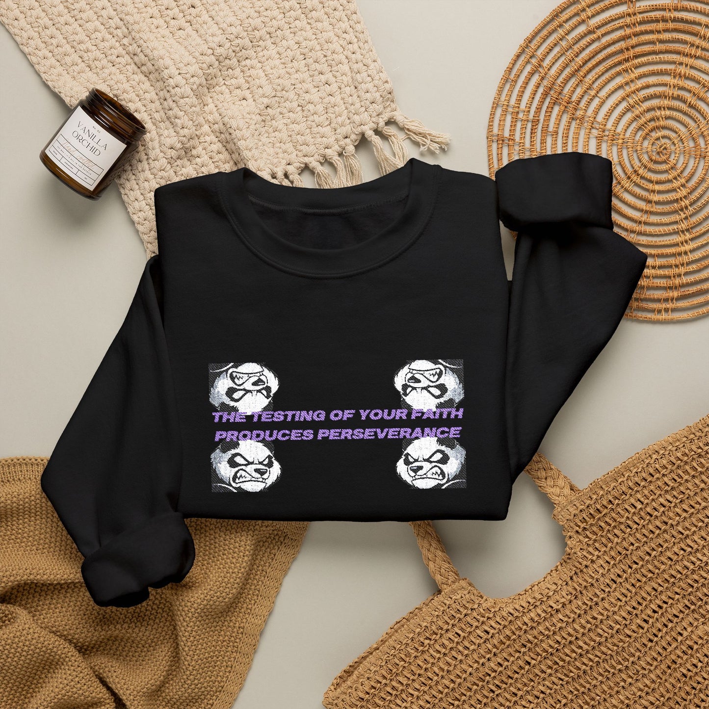 "Perseverance" Christian Unisex Heavy Blend Crewneck Sweatshirt | James 1:3 | Fierce Panda Graphic | Testing of Your Faith | Christian Streetwear