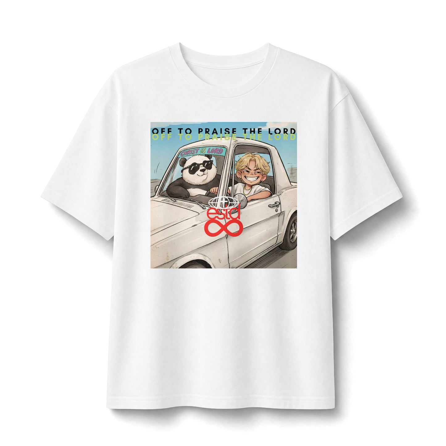 "Off to Praise the Lord" Christian Unisex Heavyweight T-Shirt | Hebrews 10:25 | Panda & Boy Road Trip Graphic | Not Forsaking the Assembly | Joyful Faith Streetwear