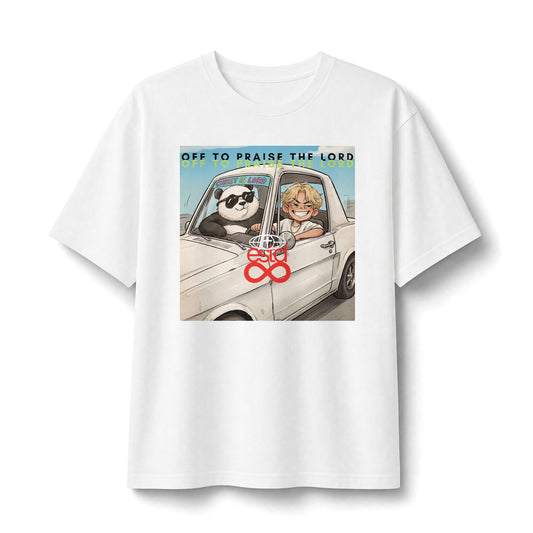 "Off to Praise the Lord" Christian Unisex Heavyweight T-Shirt | Hebrews 10:25 | Panda & Boy Road Trip Graphic | Not Forsaking the Assembly | Joyful Faith Streetwear