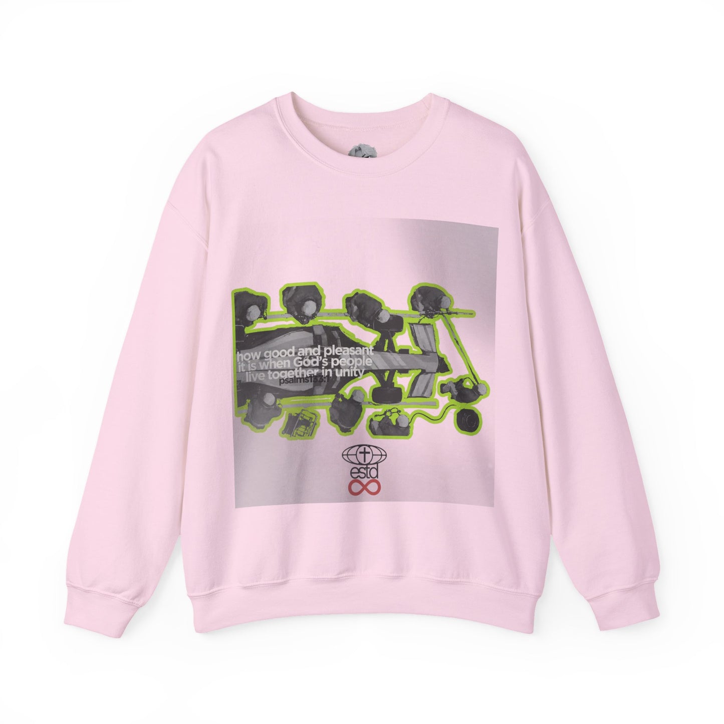"Unity" Christian Unisex Heavyweight Sweatshirt | Psalm 133:1 | F1 Pit Crew Graphic | Living Together in Harmony | Faith Streetwear