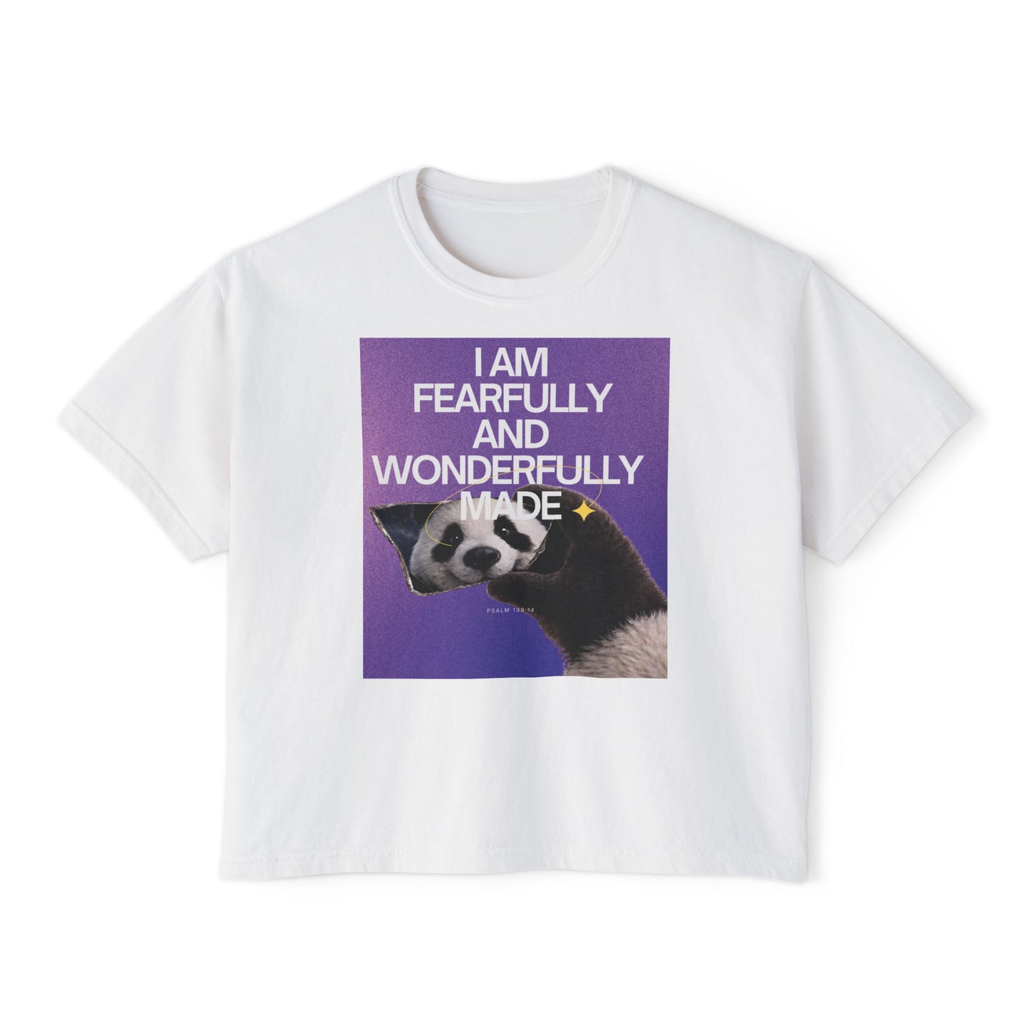 Fearfully & Wonderfully Made" Women's Christian Crop Tee | Psalm 139:14 | Panda Graphic Faith Apparel | Boxy Christian T-Shirt