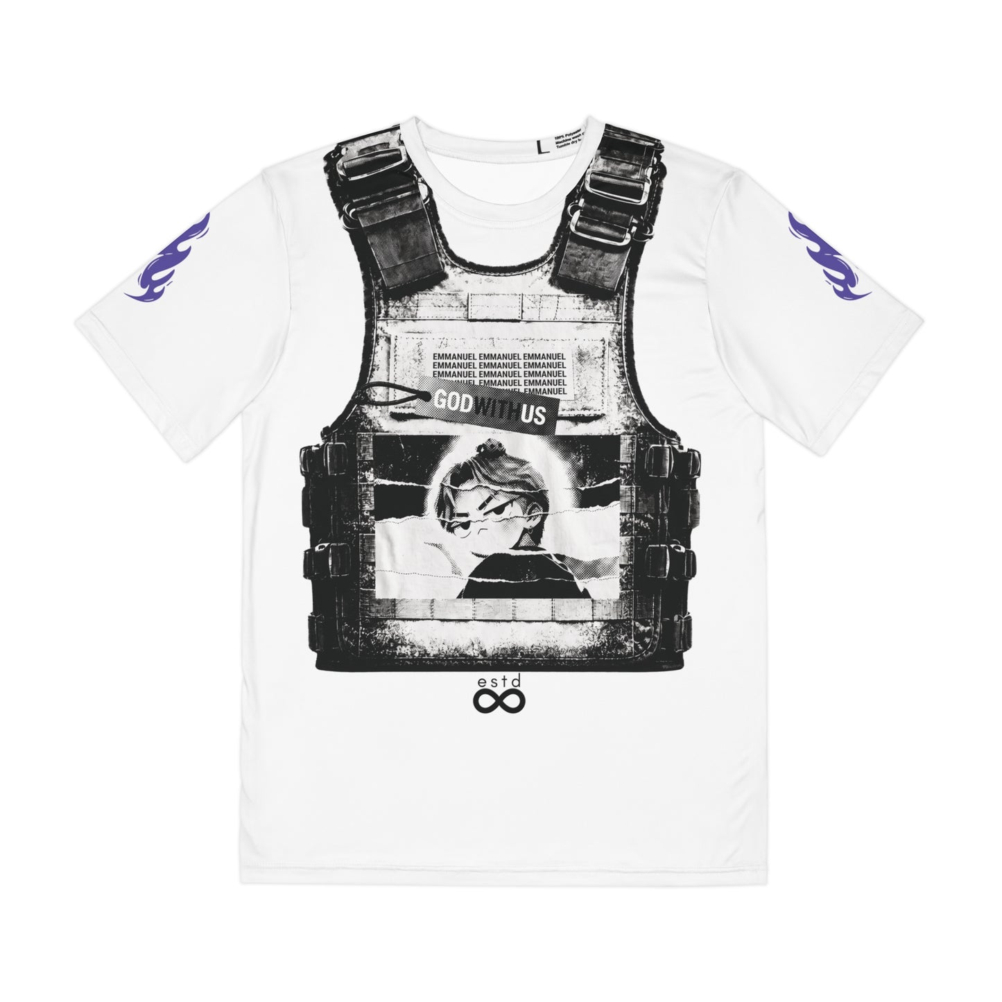 "Emmanuel / Incarnate" Christian Men's All-Over Print Polyester T-Shirt | God With Us | Matthew 1:23 | John 1:14 | Tactical Vest Graphic | Bold Christian Streetwear