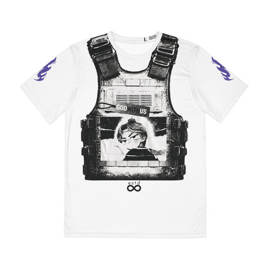 "Emmanuel / Incarnate" Christian Men's All-Over Print Polyester T-Shirt | God With Us | Matthew 1:23 | John 1:14 | Tactical Vest Graphic | Bold Christian Streetwear