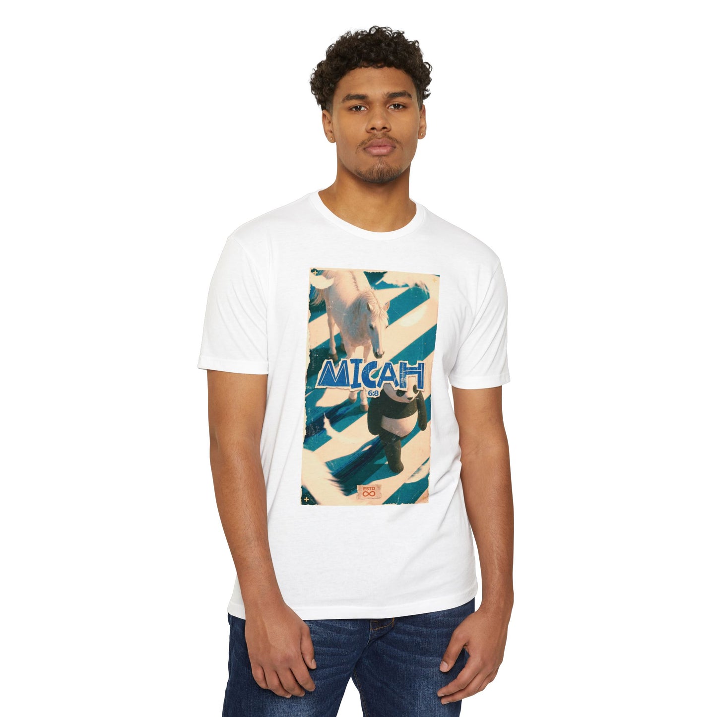 "Micah 6:8" Christian Unisex CVC Jersey T-Shirt | Do Justice Love Kindness Walk Humbly | Panda & Horse Graphic | Faith Streetwear