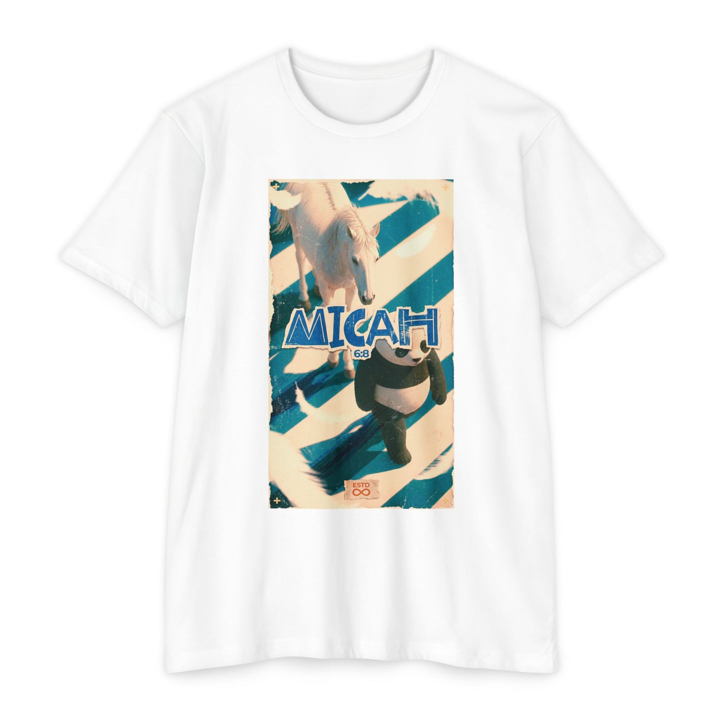 "Micah 6:8" Christian Unisex CVC Jersey T-Shirt | Do Justice Love Kindness Walk Humbly | Panda & Horse Graphic | Faith Streetwear