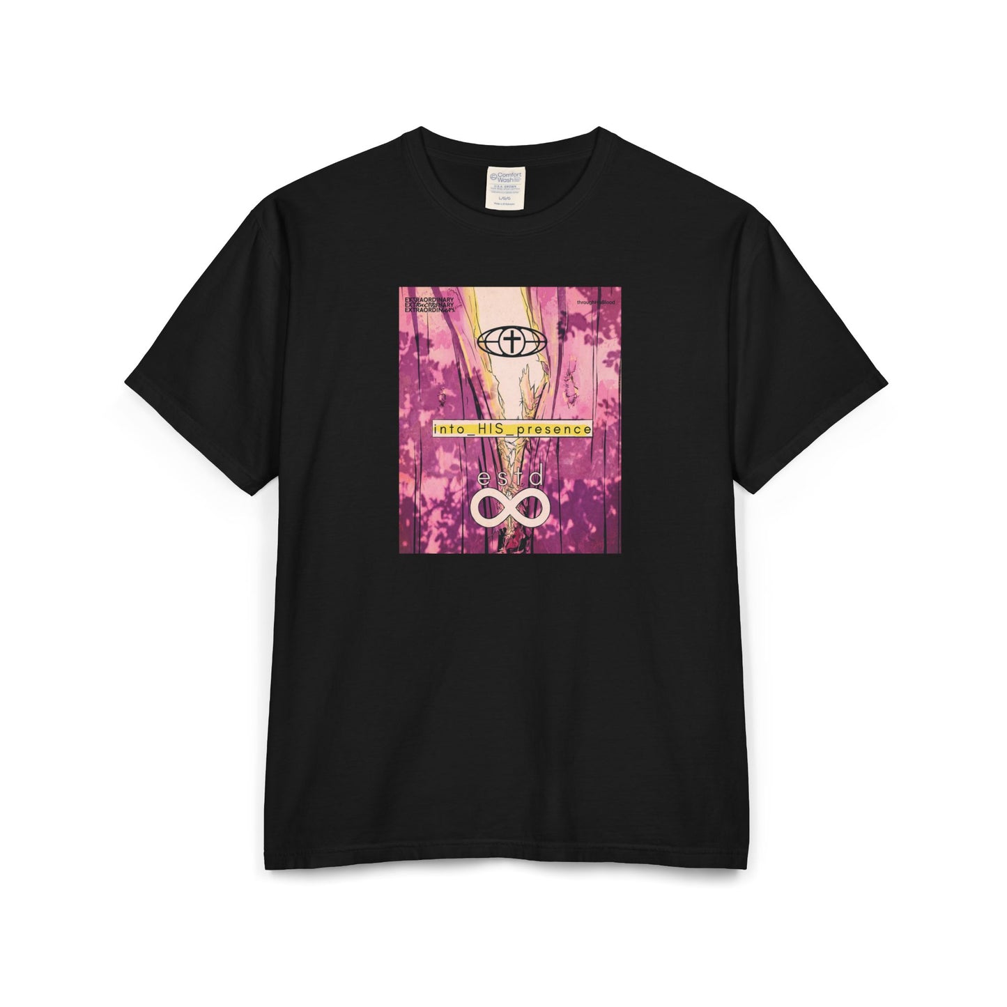"Into His Presence" Christian Unisex Garment-Dyed T-Shirt | Hebrews 10:19 | Torn Veil Graphic | Access by the Blood of Jesus | Bold Worship Faith Streetwear