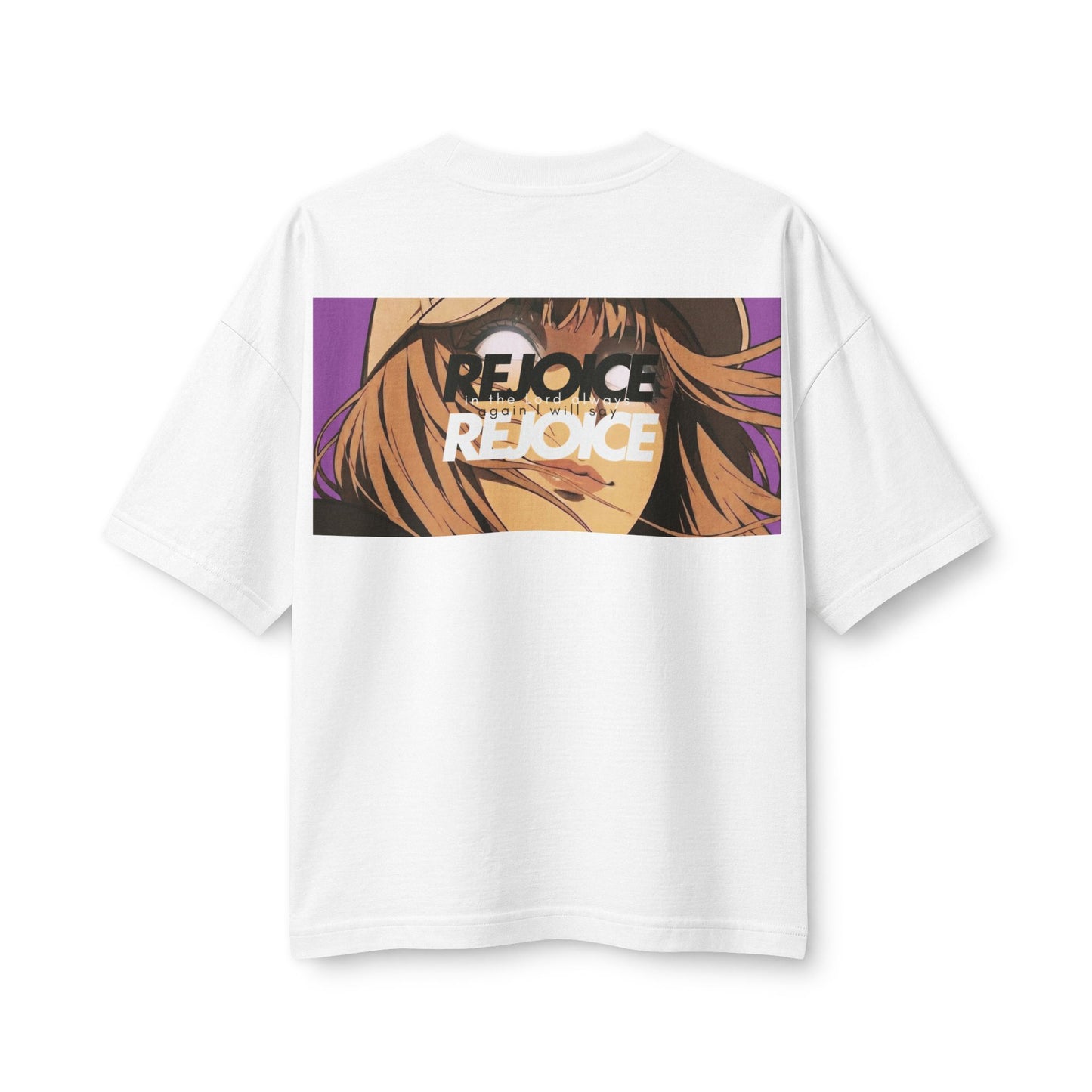 "Rejoice" Women's Heavyweight Christian T-Shirt | Philippians 4:4 | Anime Girl Graphic | Japanese Joy Kanji | Bold Faith Streetwear for Women