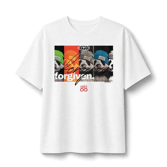 "Forgiven." Christian Unisex Heavyweight T-Shirt | Panda Grace Collective | Multi-Colorway Panda Beanie Graphic | Bold Faith Streetwear | Ephesians 1:7
