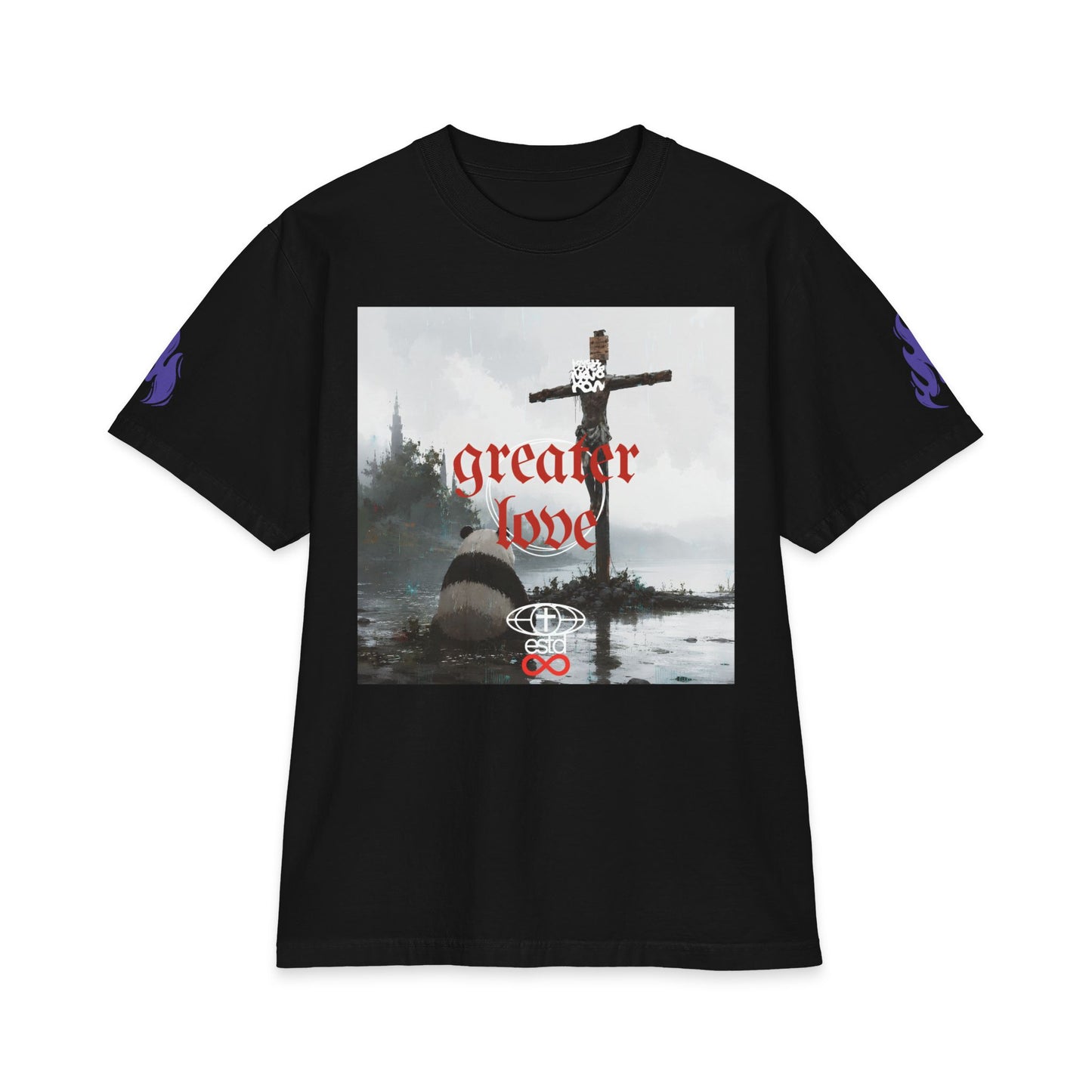 "Greater Love" Christian Unisex Max Heavyweight T-Shirt | John 15:13 | Panda at the foot of the Cross Graphic | No Greater Love | Bold Faith Streetwear