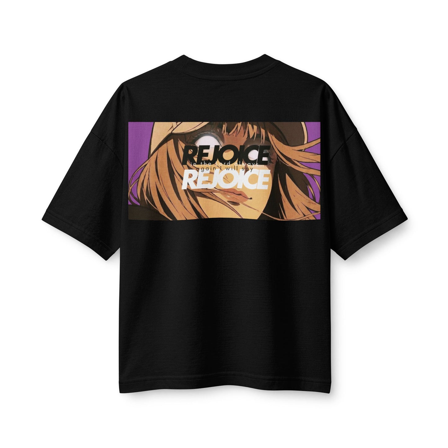 "Rejoice" Women's Heavyweight Christian T-Shirt | Philippians 4:4 | Anime Girl Graphic | Japanese Joy Kanji | Bold Faith Streetwear for Women