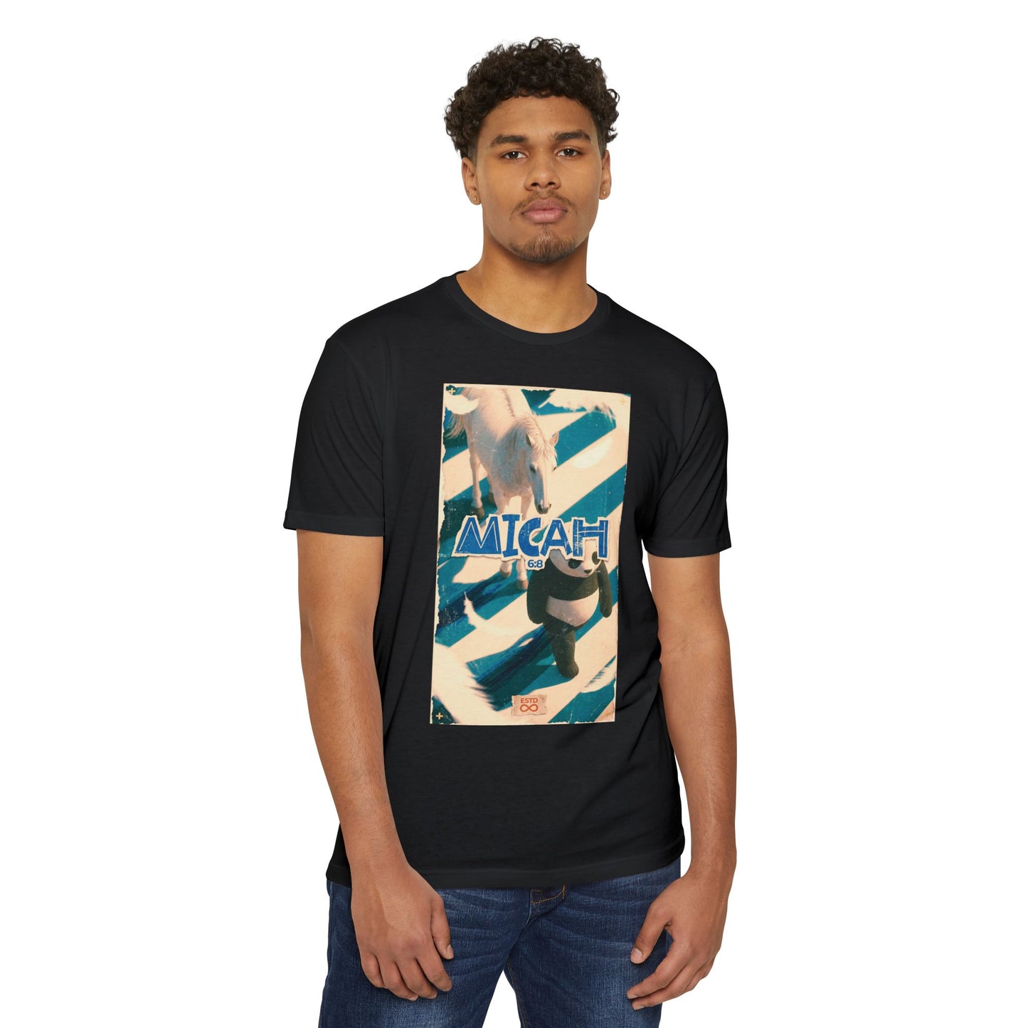"Micah 6:8" Christian Unisex CVC Jersey T-Shirt | Do Justice Love Kindness Walk Humbly | Panda & Horse Graphic | Faith Streetwear