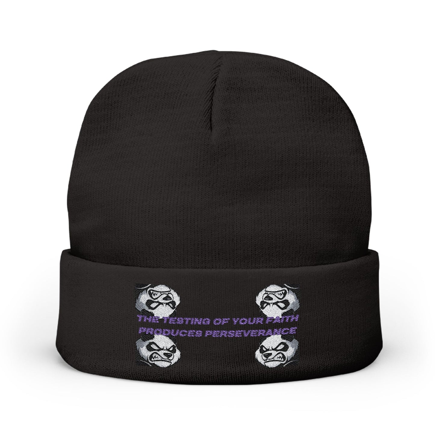 "Perseverance" Christian Unisex Knit Beanie | James 1:3 | Embroidered Fierce Panda | Testing of Your Faith | Christian Streetwear Accessory