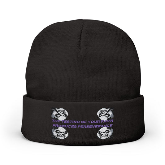 "Perseverance" Christian Unisex Knit Beanie | James 1:3 | Embroidered Fierce Panda | Testing of Your Faith | Christian Streetwear Accessory