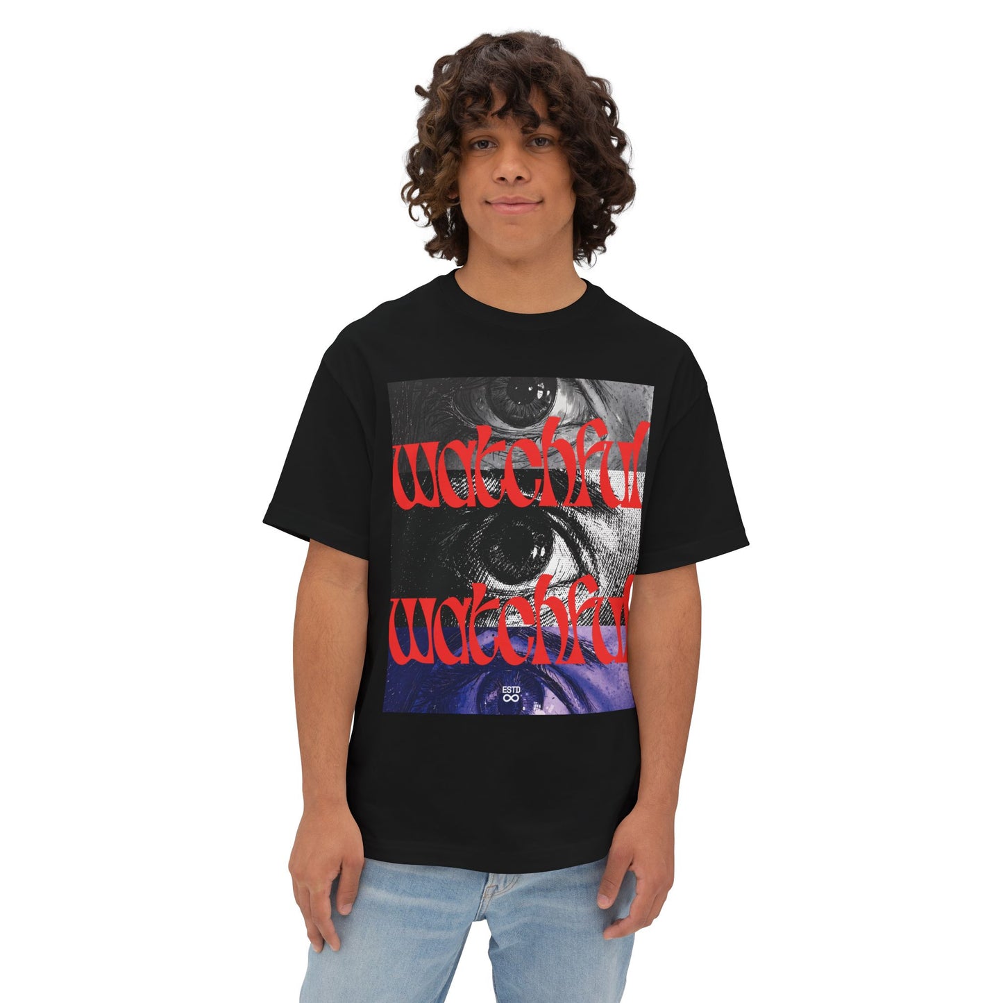 "Watchful" Christian Oversized Boxy T-Shirt | Matthew 24:42 | Bold Eye Graphic | Panda Art | Unisex Faith Streetwear
