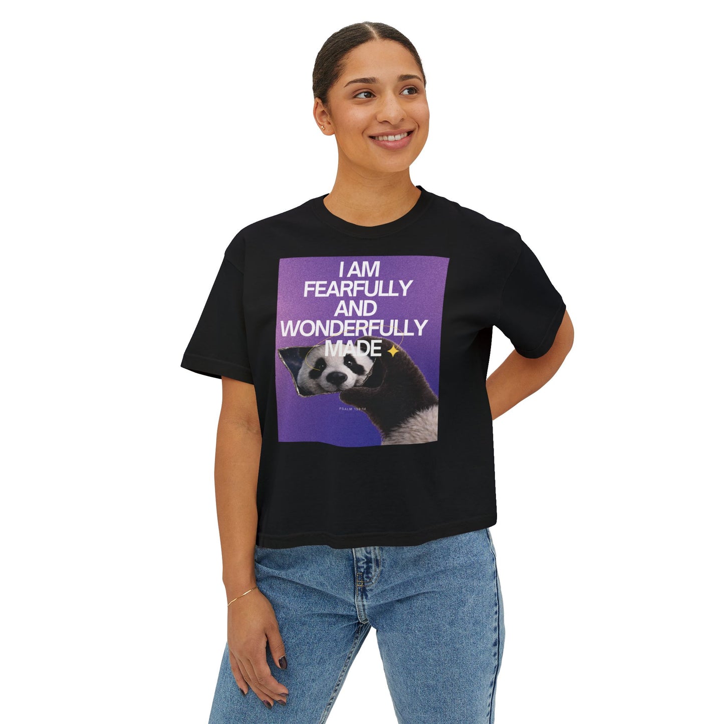 Fearfully & Wonderfully Made" Women's Christian Crop Tee | Psalm 139:14 | Panda Graphic Faith Apparel | Boxy Christian T-Shirt