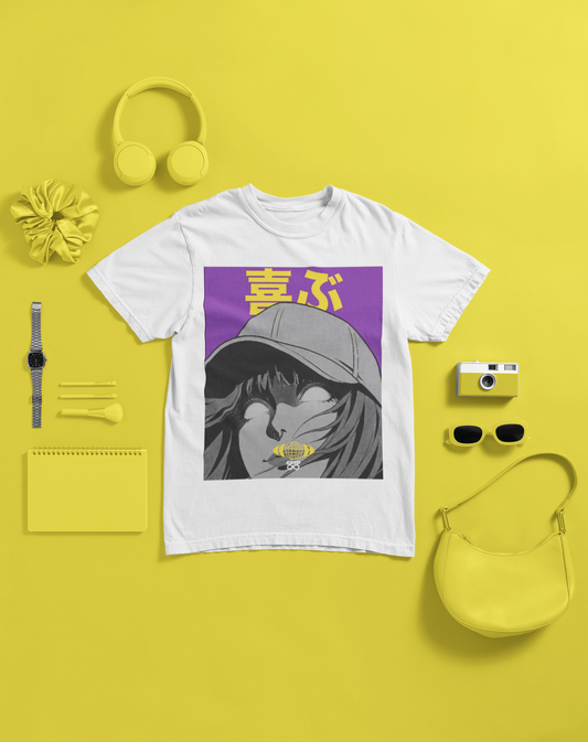 "Rejoice" Women's Heavyweight Christian T-Shirt | Philippians 4:4 | Anime Girl Graphic | Japanese Joy Kanji | Bold Faith Streetwear for Women