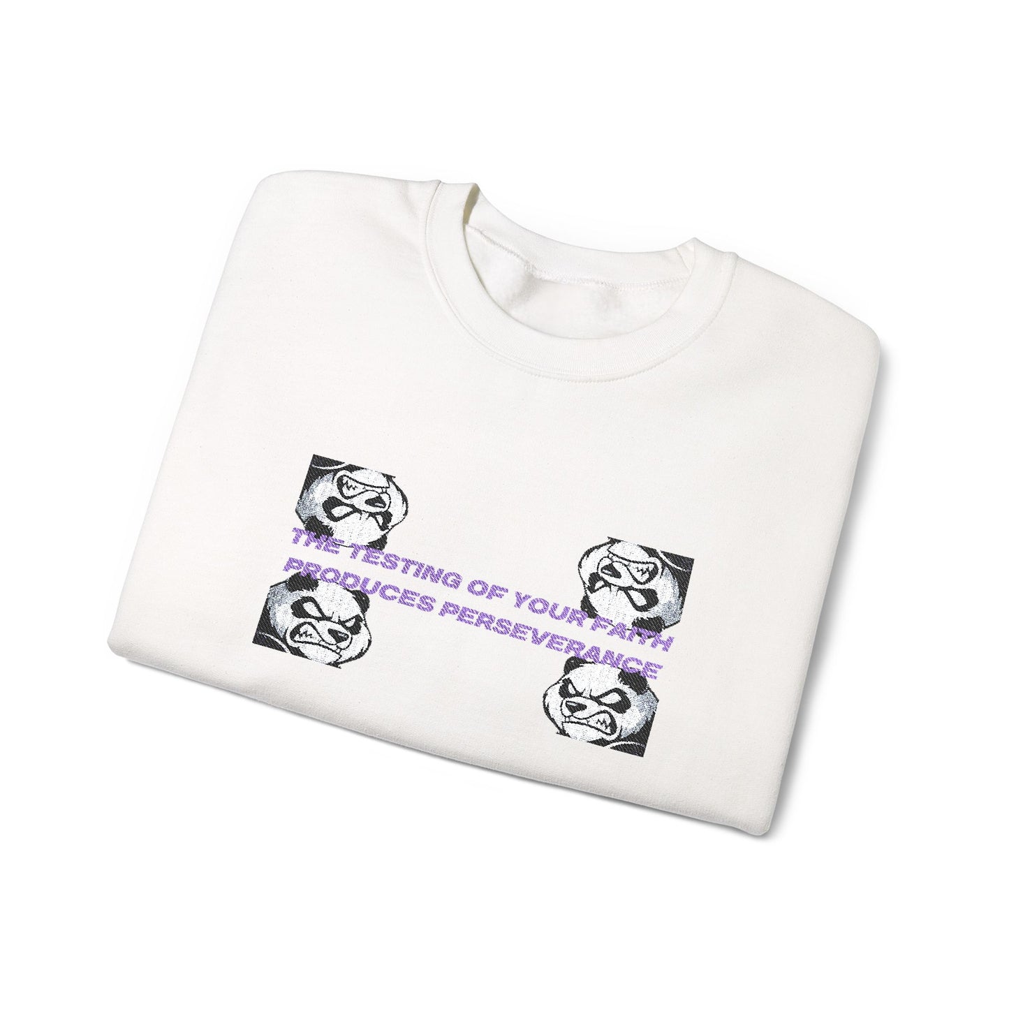 "Perseverance" Christian Unisex Heavy Blend Crewneck Sweatshirt | James 1:3 | Fierce Panda Graphic | Testing of Your Faith | Christian Streetwear