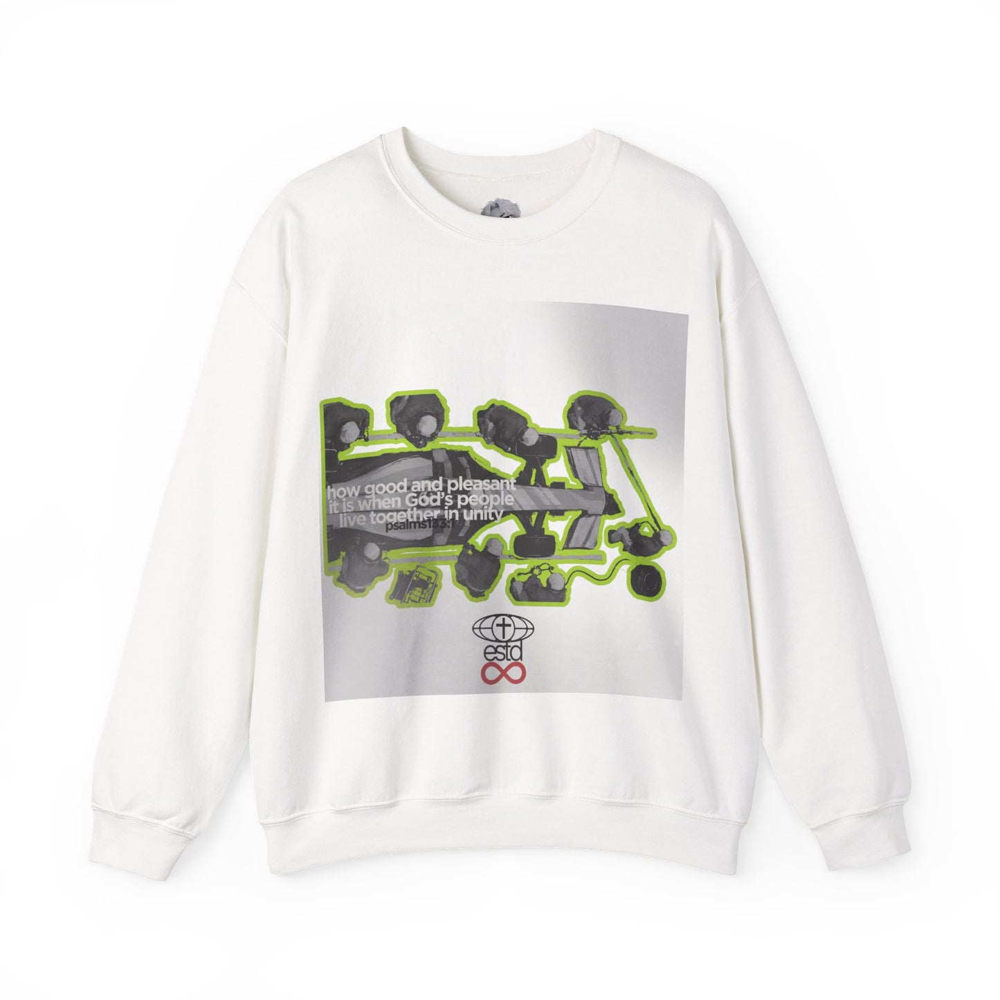 "Unity" Christian Unisex Heavyweight Sweatshirt | Psalm 133:1 | F1 Pit Crew Graphic | Living Together in Harmony | Faith Streetwear